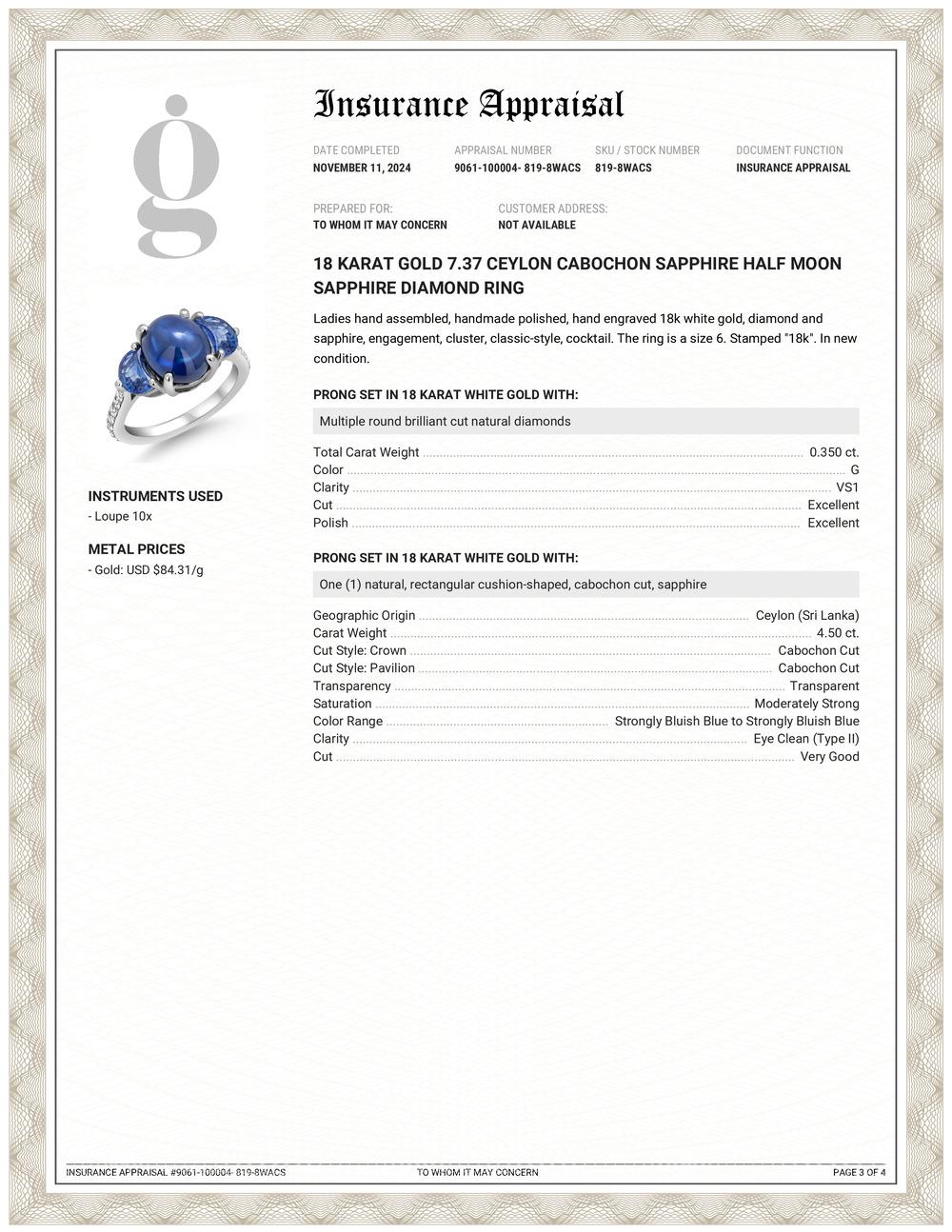 Contemporary 18 Karat Gold 7.37 Ceylon Cabochon Sapphire Half Moon Sapphire Diamond Ring For Sale
