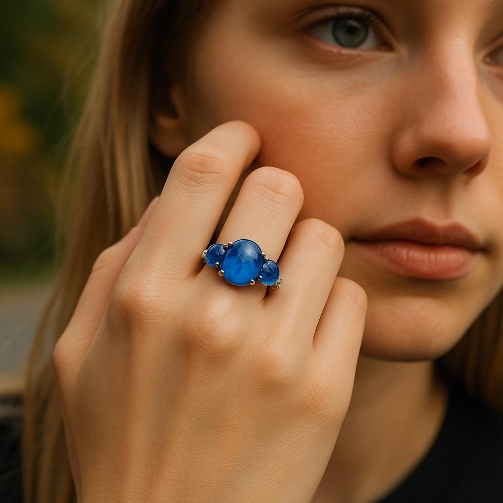 Introducing our exquisite Ceylon Cabochon Sapphire, weighing 4.50 carat, 18 karat white gold Cocktail Ring, finger size 6, resizable, a true masterpiece that combines timeless elegance with a touch of vibrant color. This captivating ring is sure to