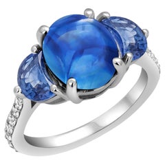 18 Karat Gold 7.37 Ceylon Cabochon Sapphire Half Moon Sapphire Diamond Ring