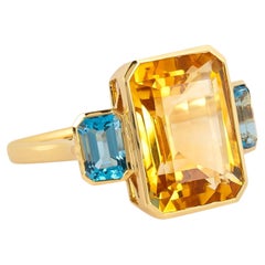 18 Karat Gold 7.79 Carat Blue & Yellow Topaz "Three Stone" Ring