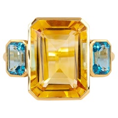 18 Karat Gold 7.79 Carat Blue & Yellow Topaz "Three Stone" Ring 