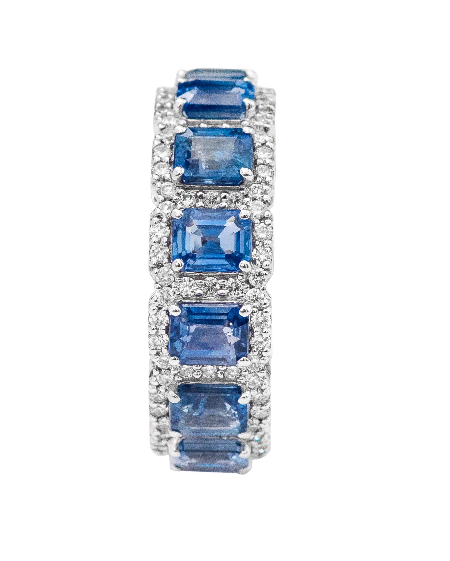 Women's 18 Karat Gold 7.81 Carat Emerald-Cut Sapphire and Diamond Eternity Band Ring