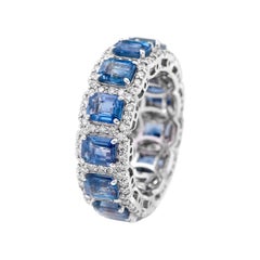 18 Karat Gold 7.81 Carat Emerald-Cut Sapphire and Diamond Eternity Band Ring