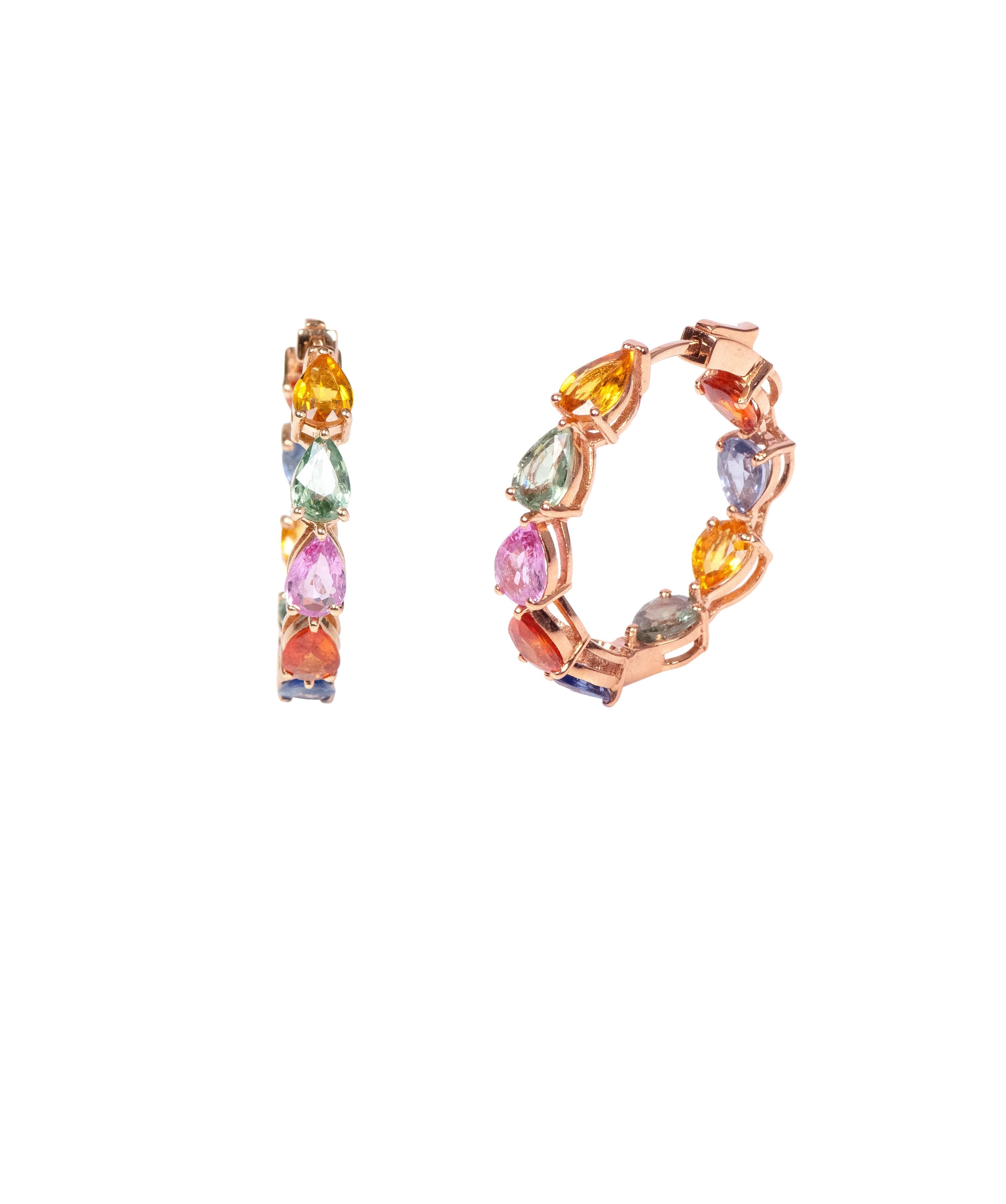Women's or Men's 18 Karat Gold 8.05 Carat Multi-Sapphire Hoop Earrings For Sale