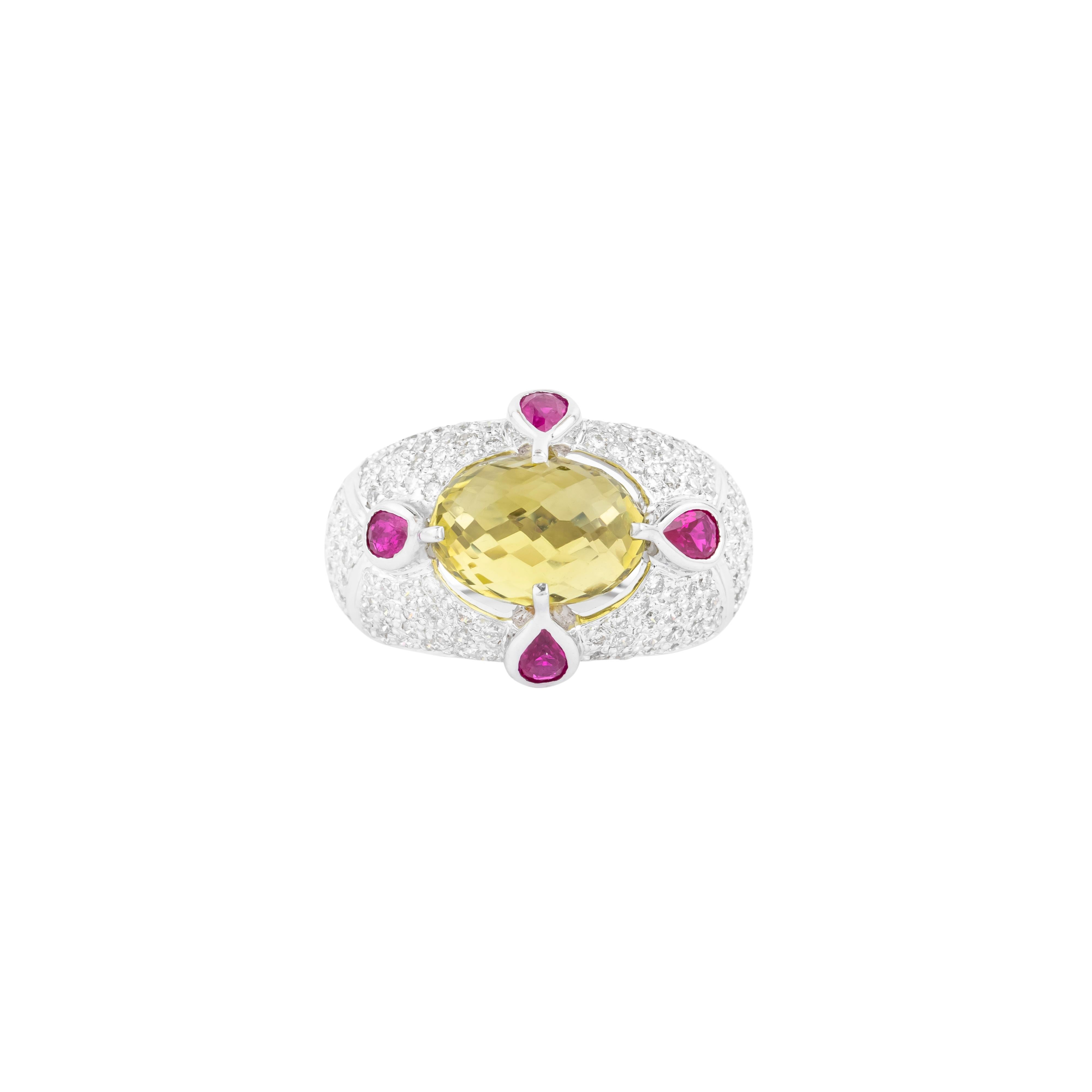 An exquisite balance of elegance and artistry defines this 18 Karat Gold fashion ring, featuring an impressive 8.07-carat color stone as its centerpiece. The expertly cut gemstone captivates with its luminous depth, showcasing a flawless interplay