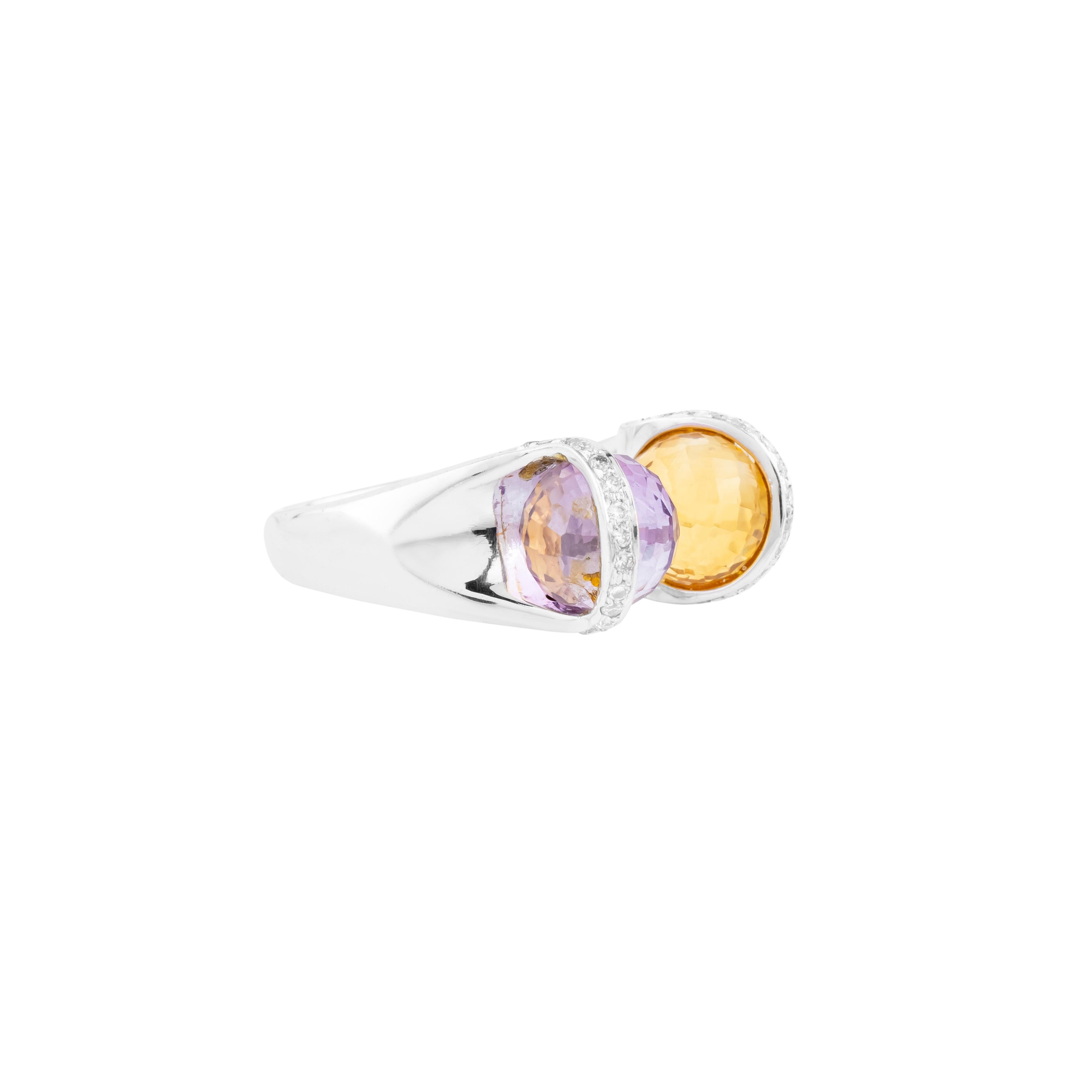 An 8.13-carat color stone graces the center of this 18 Karat Gold fashion ring, radiating vibrant allure with its finely cut facets and exquisite brilliance. The central gem’s bold presence is artfully complemented by a stunning arrangement of