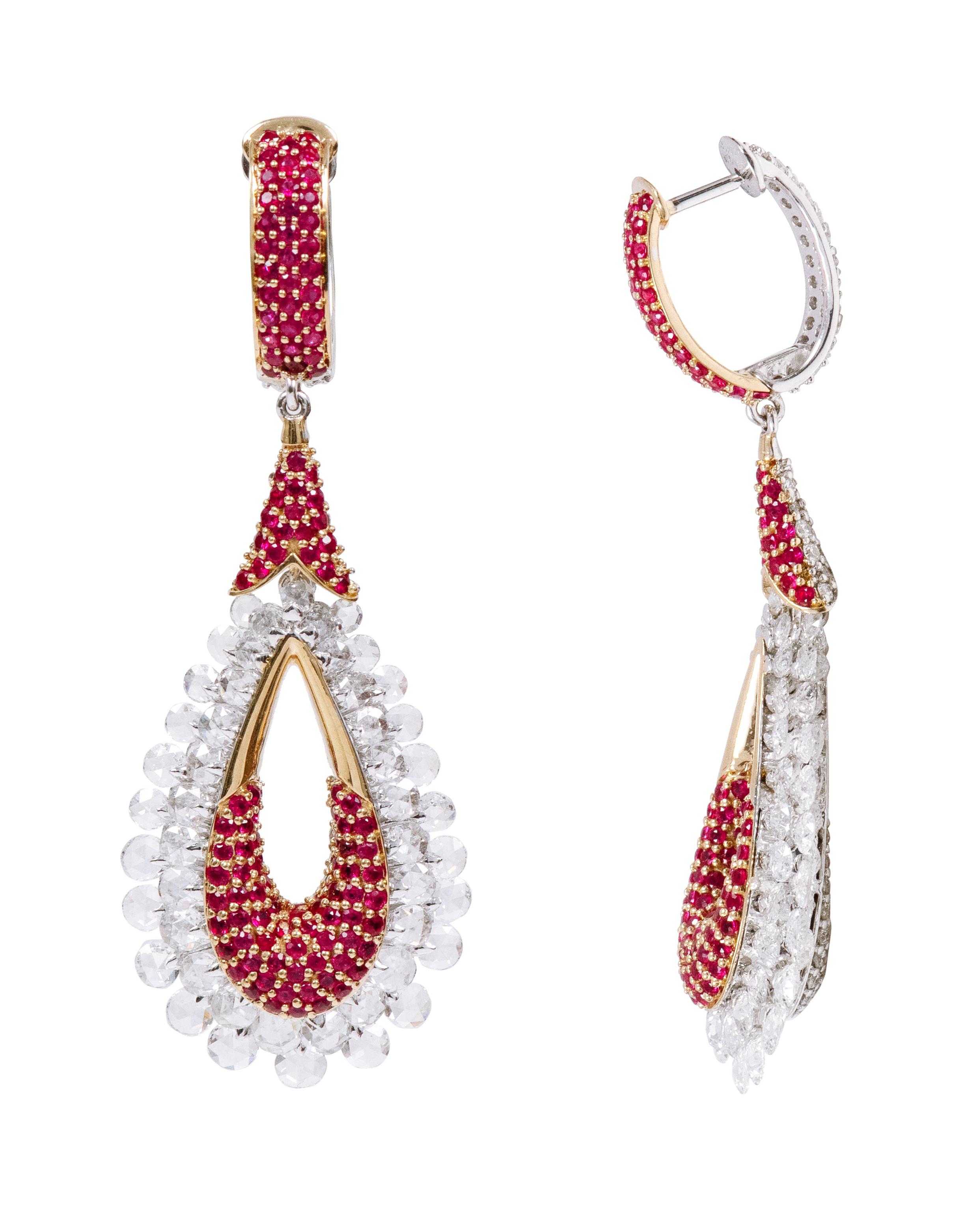 18 Karat Gold 8.51 Carats Diamond and Ruby Reversible Cocktail Earrings For Sale 1
