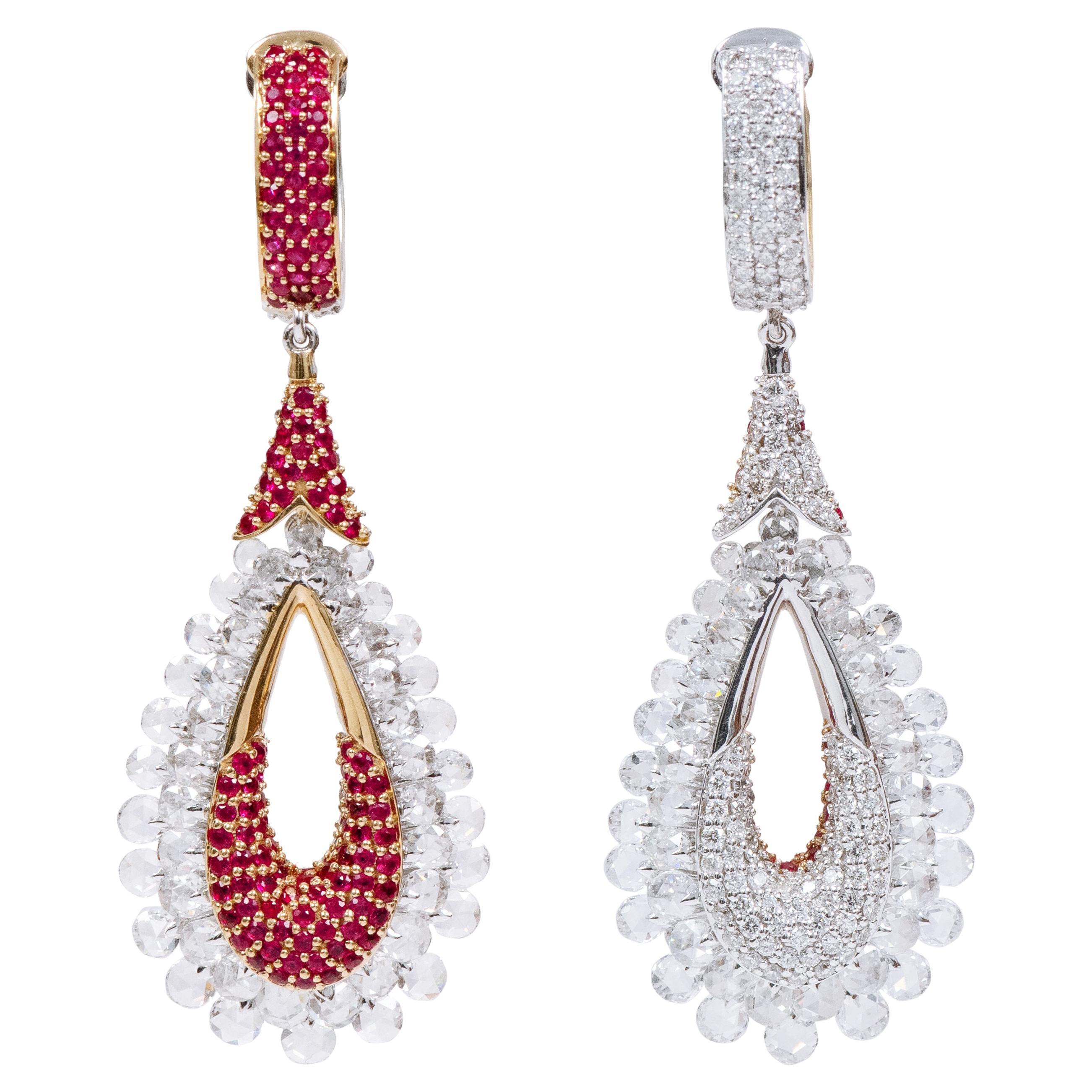 18 Karat Gold 8.51 Carats Diamond and Ruby Reversible Cocktail Earrings For Sale