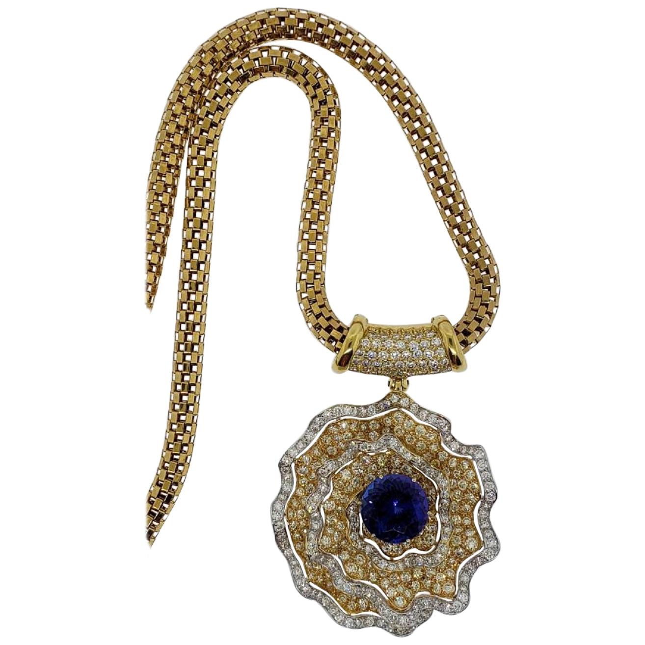 18 Karat Gold, 8.79 Carat Tanzanite, Yellow and White Diamond Flower Pendant For Sale