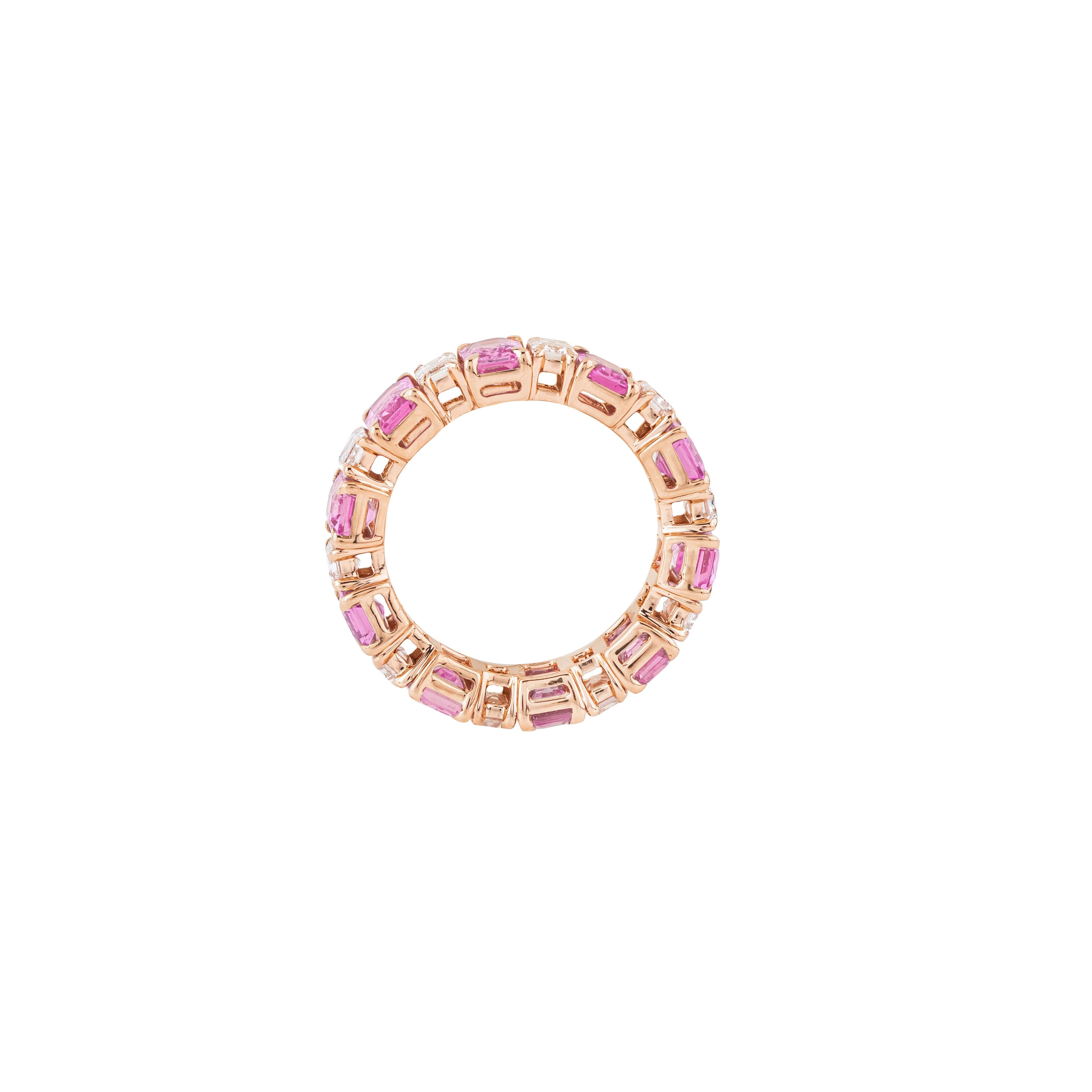 Immerse yourself in the exquisite allure of our 18 Karat Gold 8.81 Carat Diamond and Pink Sapphire Eternity Band Ring – a stunning testament to eternal love and timeless beauty. Each ring is meticulously crafted and curated to encapsulate the