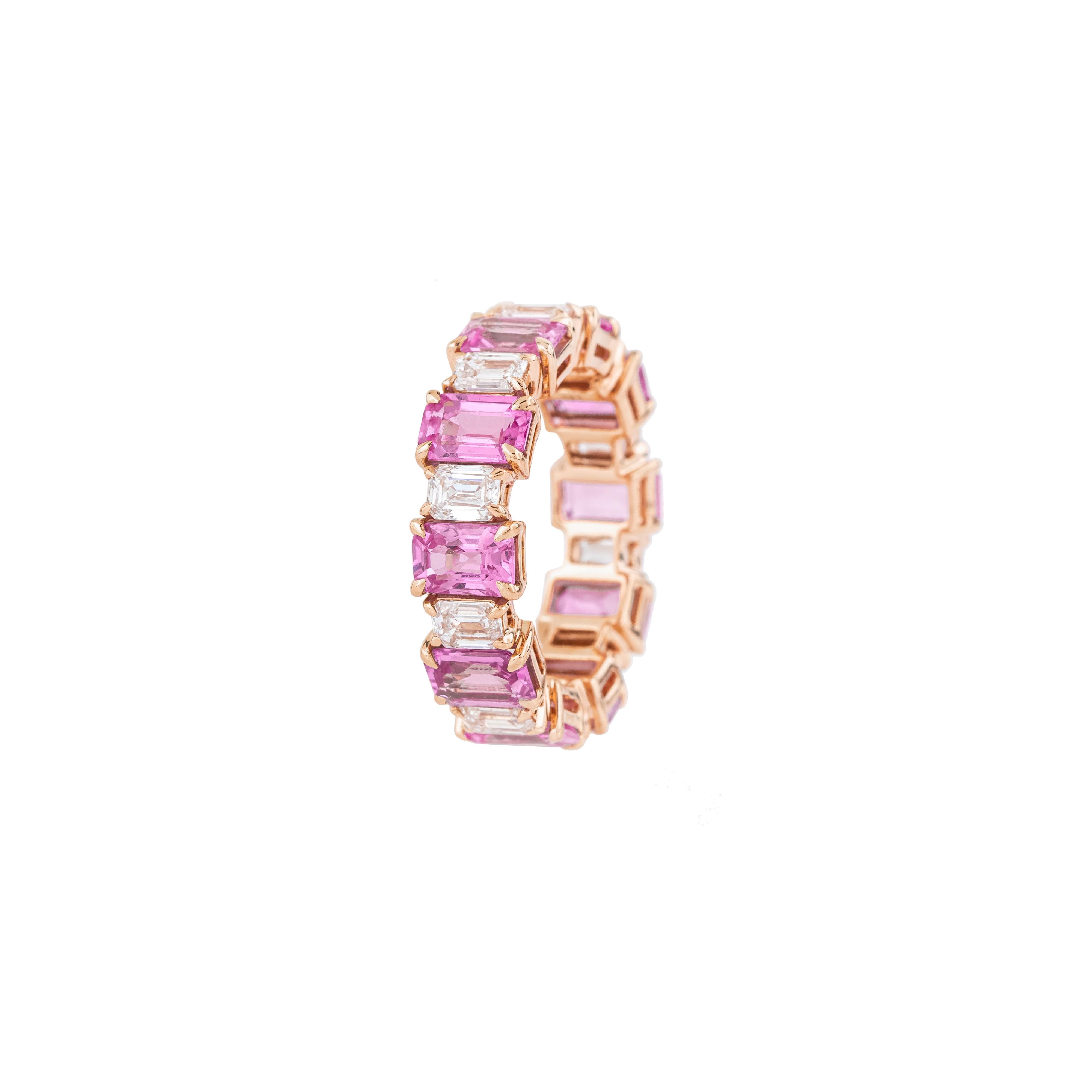 Modern 18 Karat Gold 8.81 Carat Diamond and Pink Sapphire Eternity Band Ring For Sale
