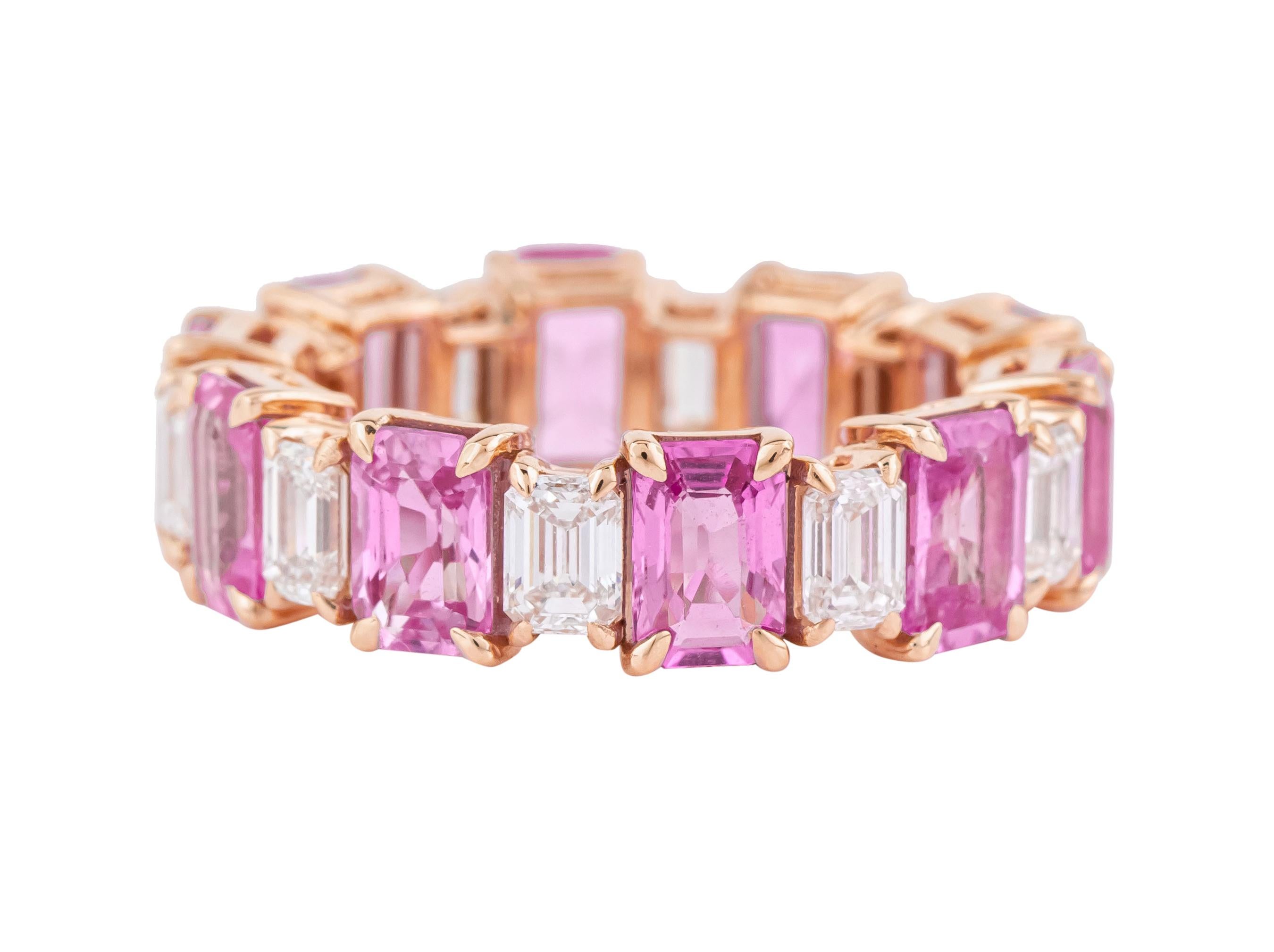 Emerald Cut 18 Karat Gold 8.81 Carat Diamond and Pink Sapphire Eternity Band Ring For Sale