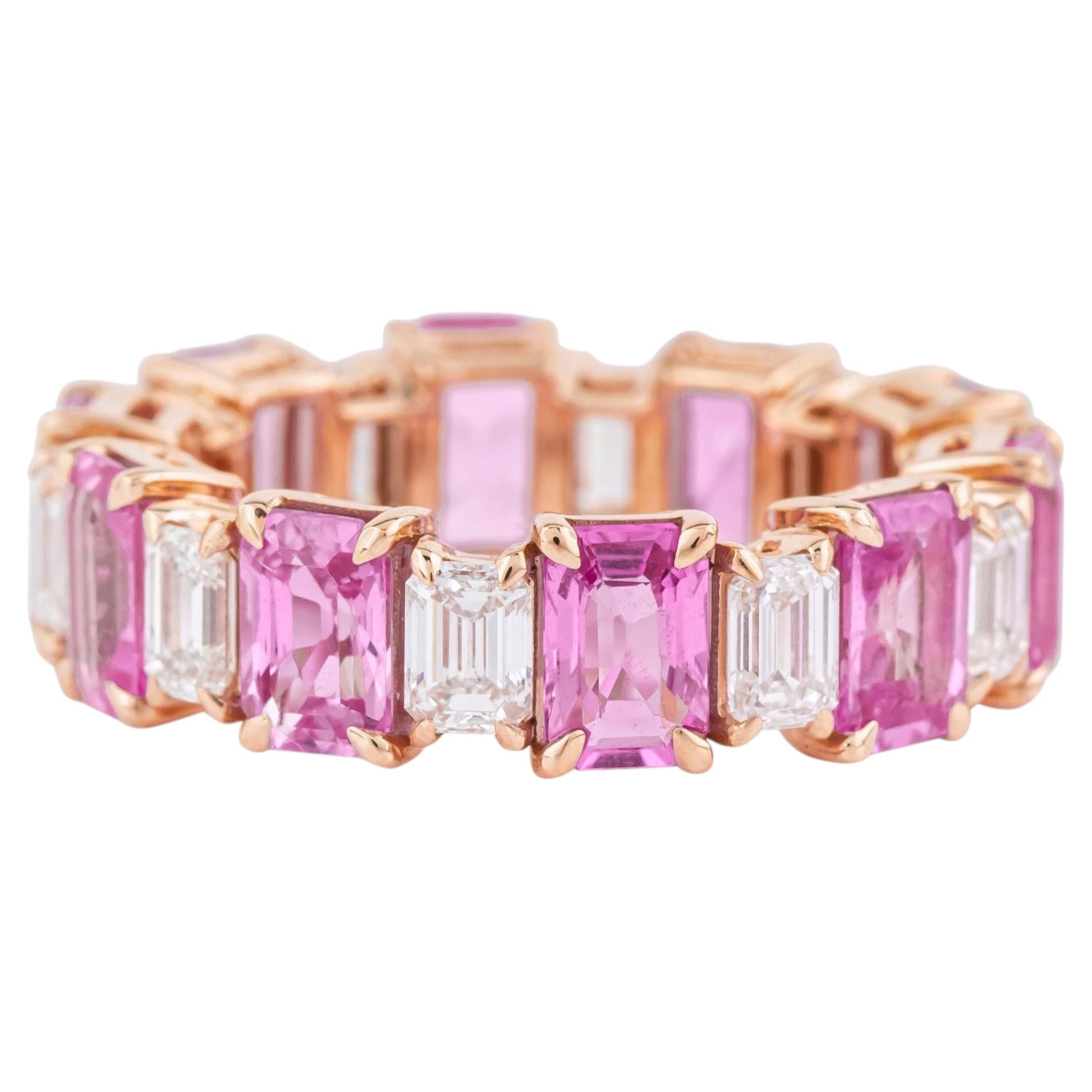 Anello a fascia per l'eternità in oro 18 carati con diamante e zaffiro rosa da 8,81 carati