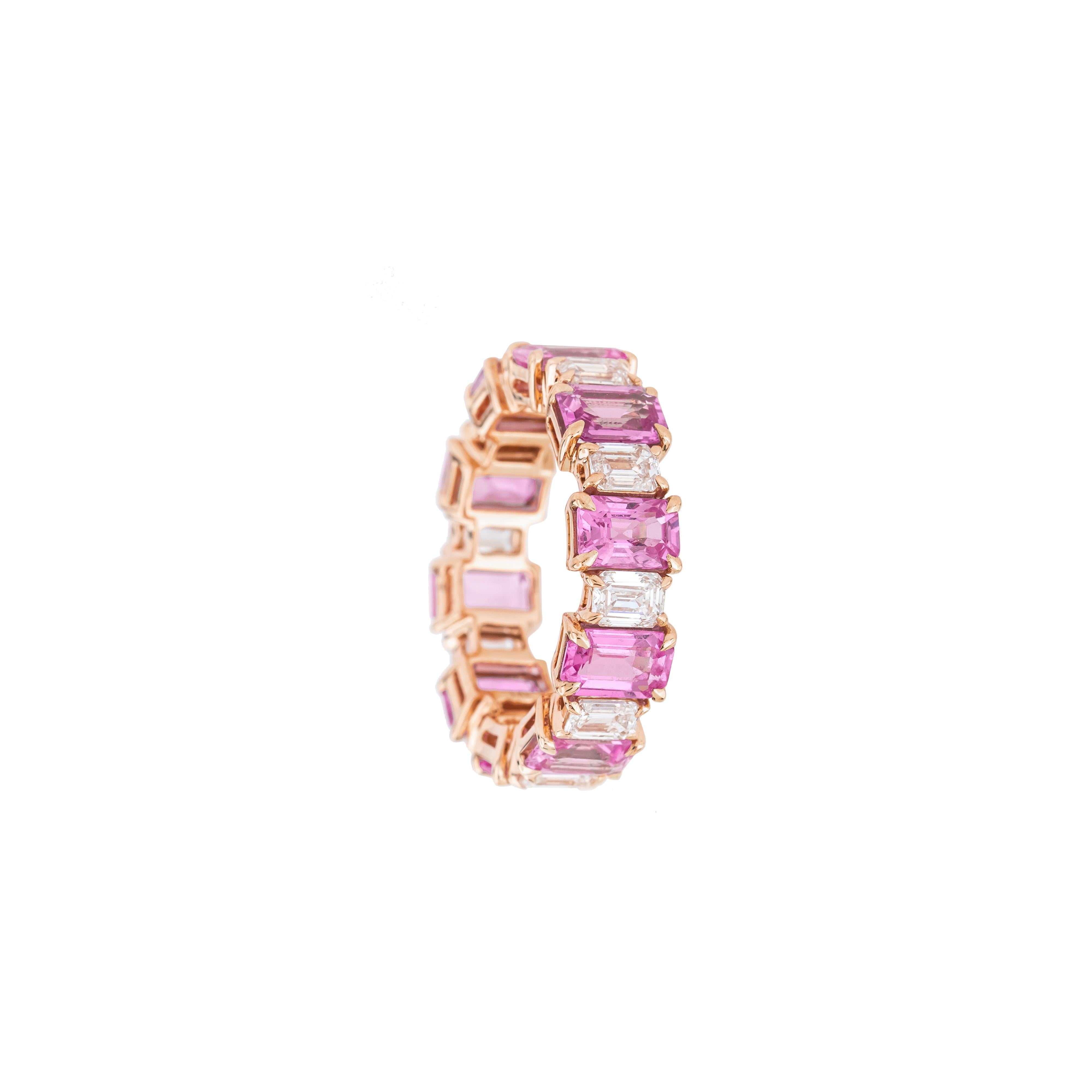 Women's 18 Karat Gold 8.81 Carat Diamond and Pink Sapphire Eternity Band Ring For Sale