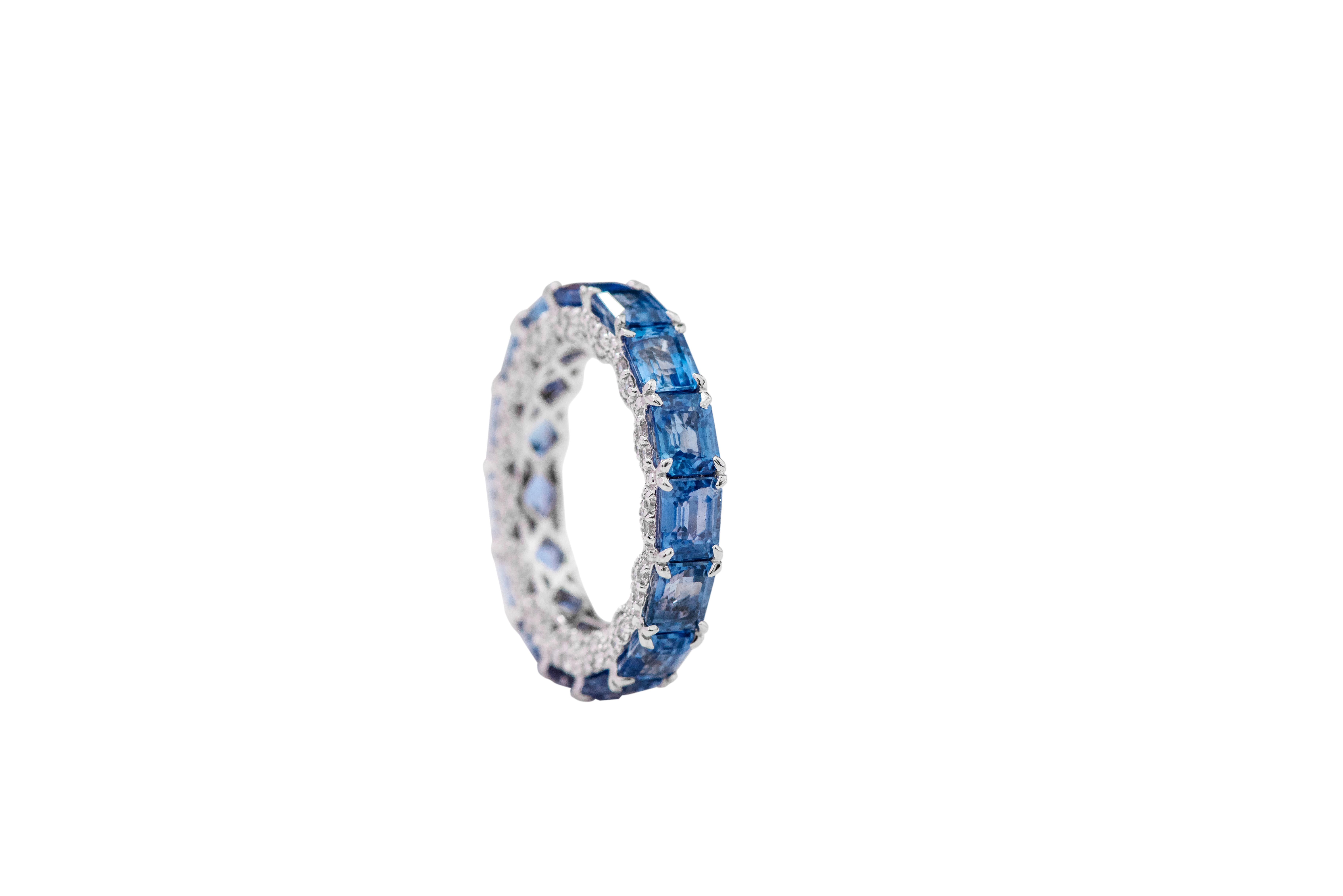 Women's 18 Karat Gold 8.81 Carat Emerald-Cut Sapphire and Diamond Eternity Band Ring For Sale