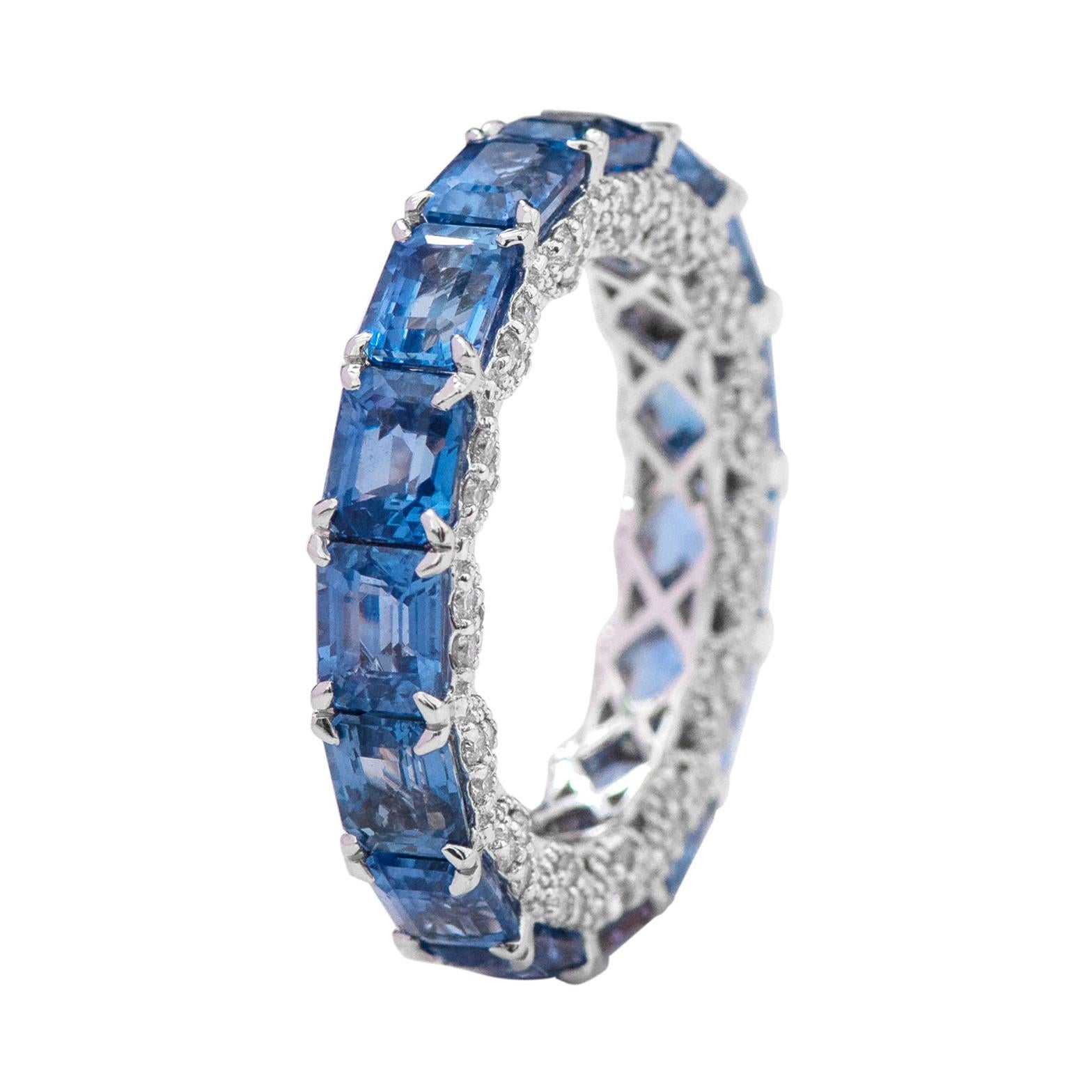 18 Karat Gold 8.81 Carat Emerald-Cut Sapphire and Diamond Eternity Band Ring For Sale
