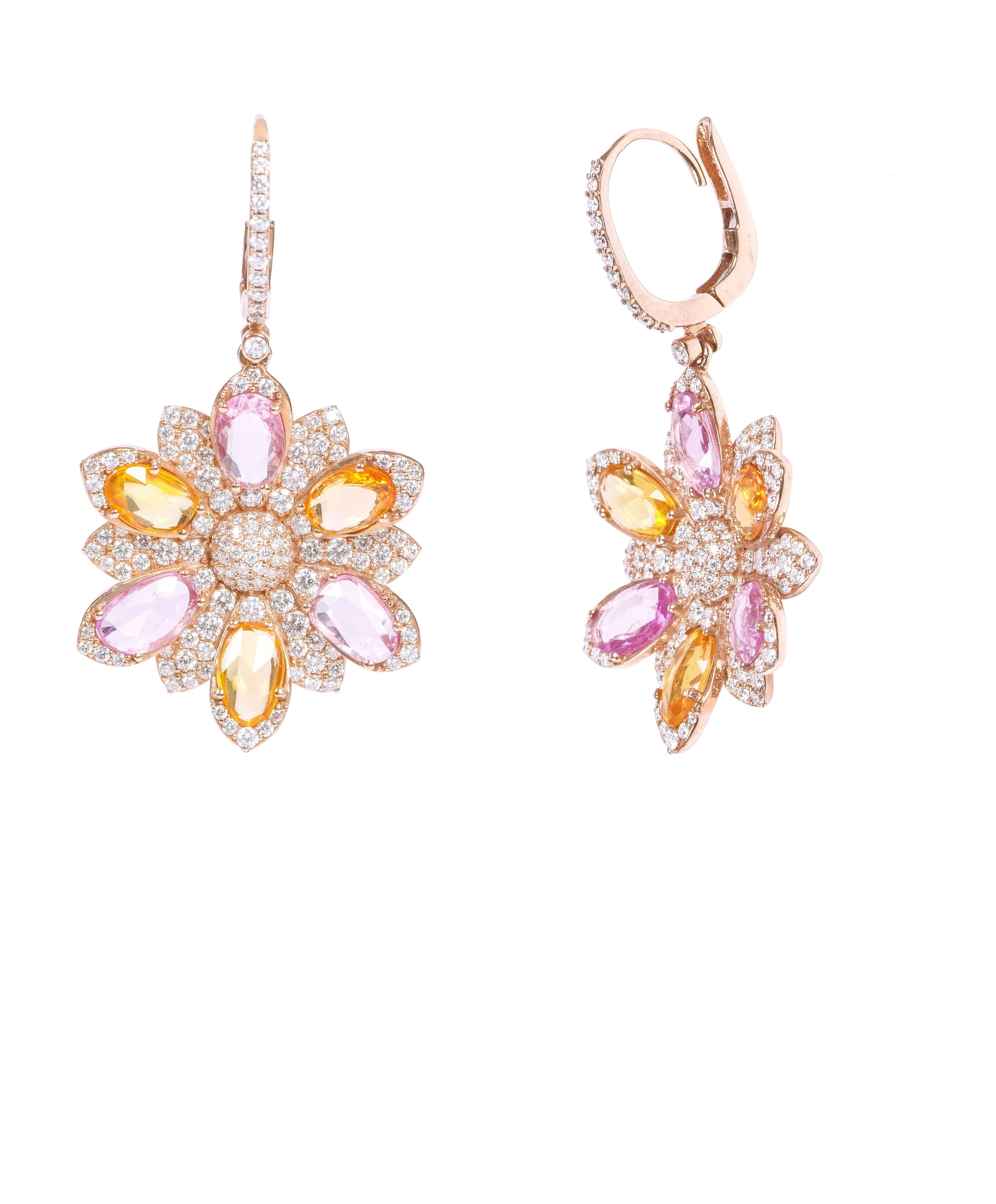 Modern 18 Karat Gold 8.90 Carat Diamond and Sapphire Flower Earrings For Sale