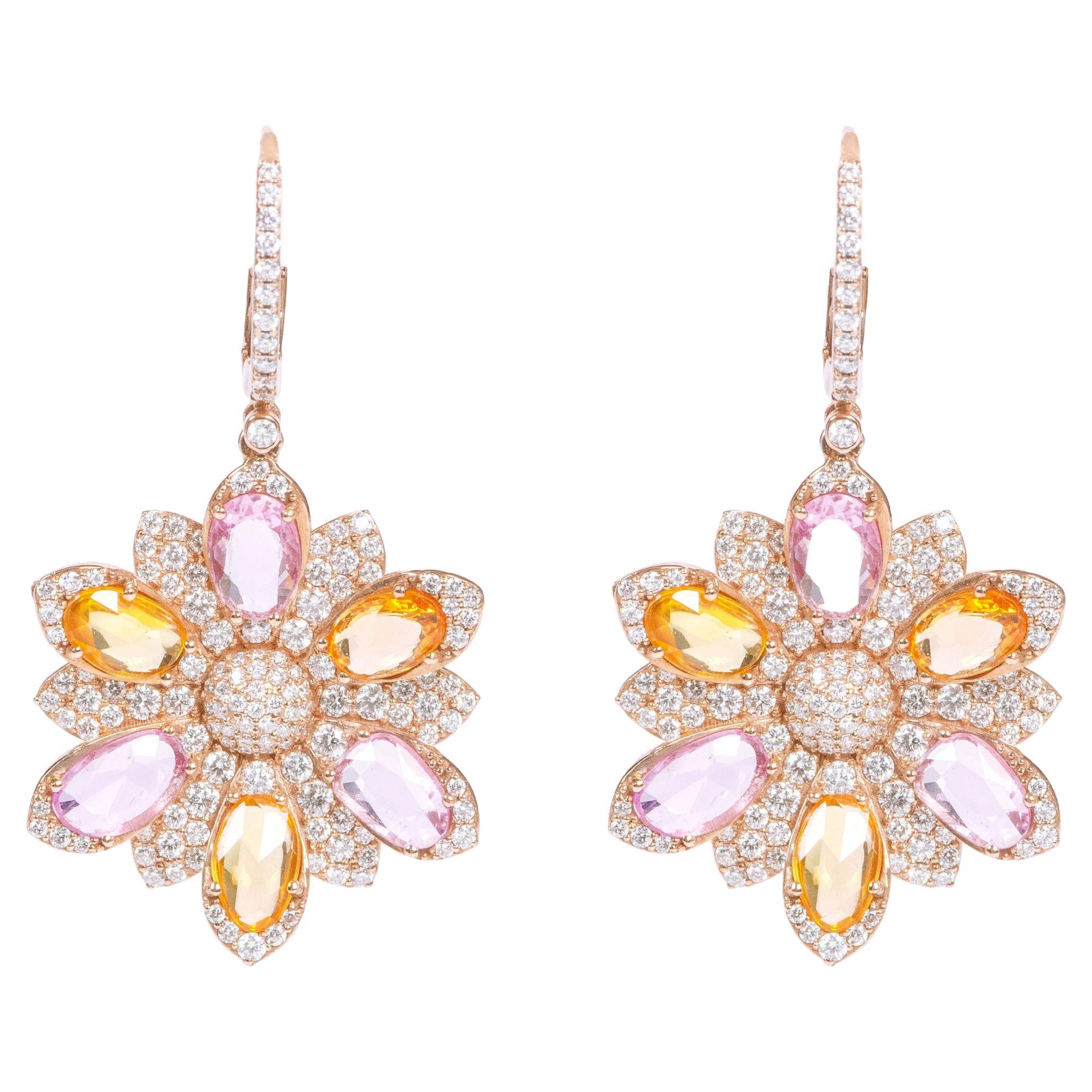 18 Karat Gold 8.90 Carat Diamond and Sapphire Flower Earrings