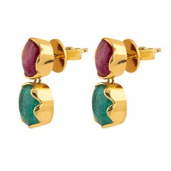 18 Karat Gold 9 Carat Ruby & Emerald Drop Earrings