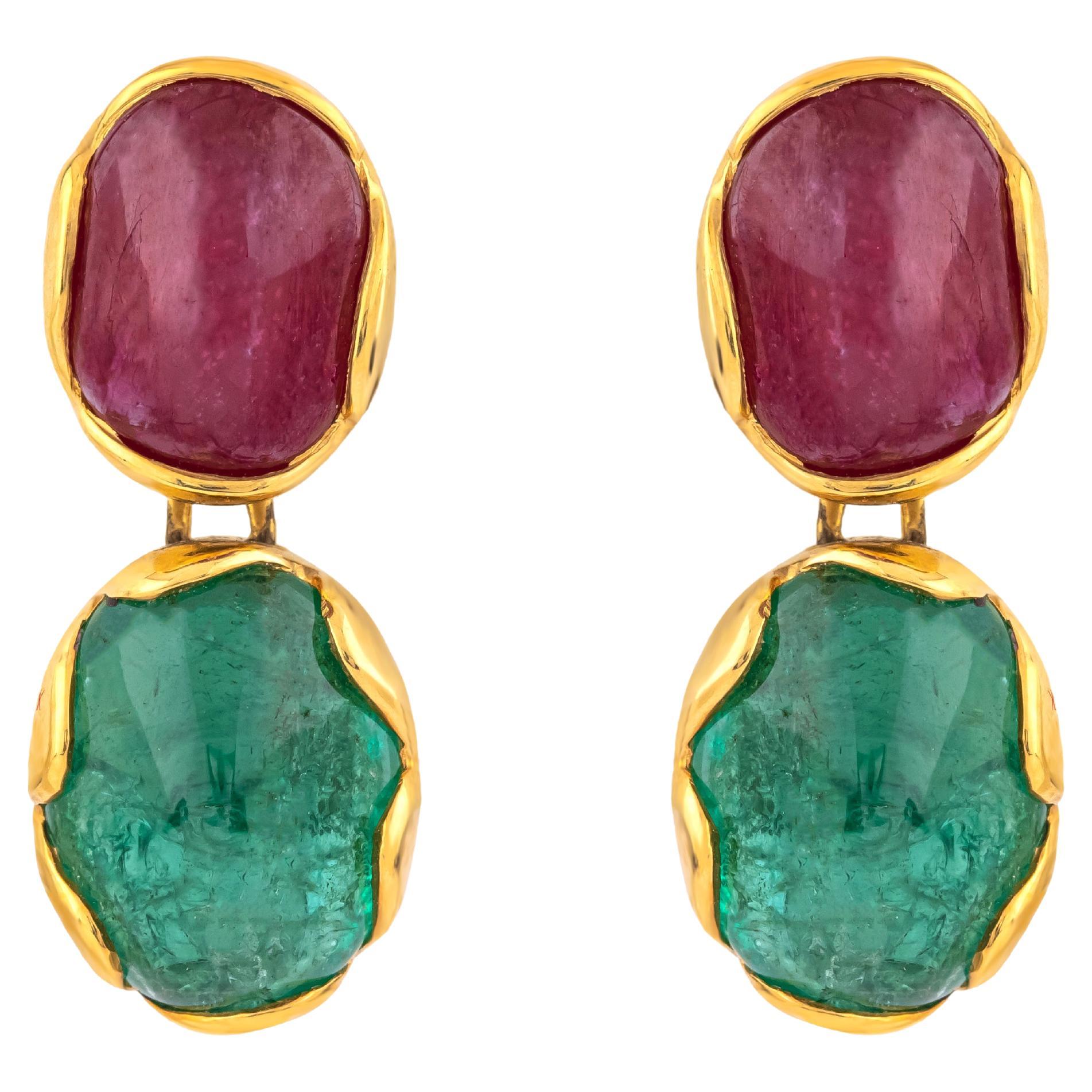 18 Karat Gold 9 Carat Ruby & Emerald Drop Earrings