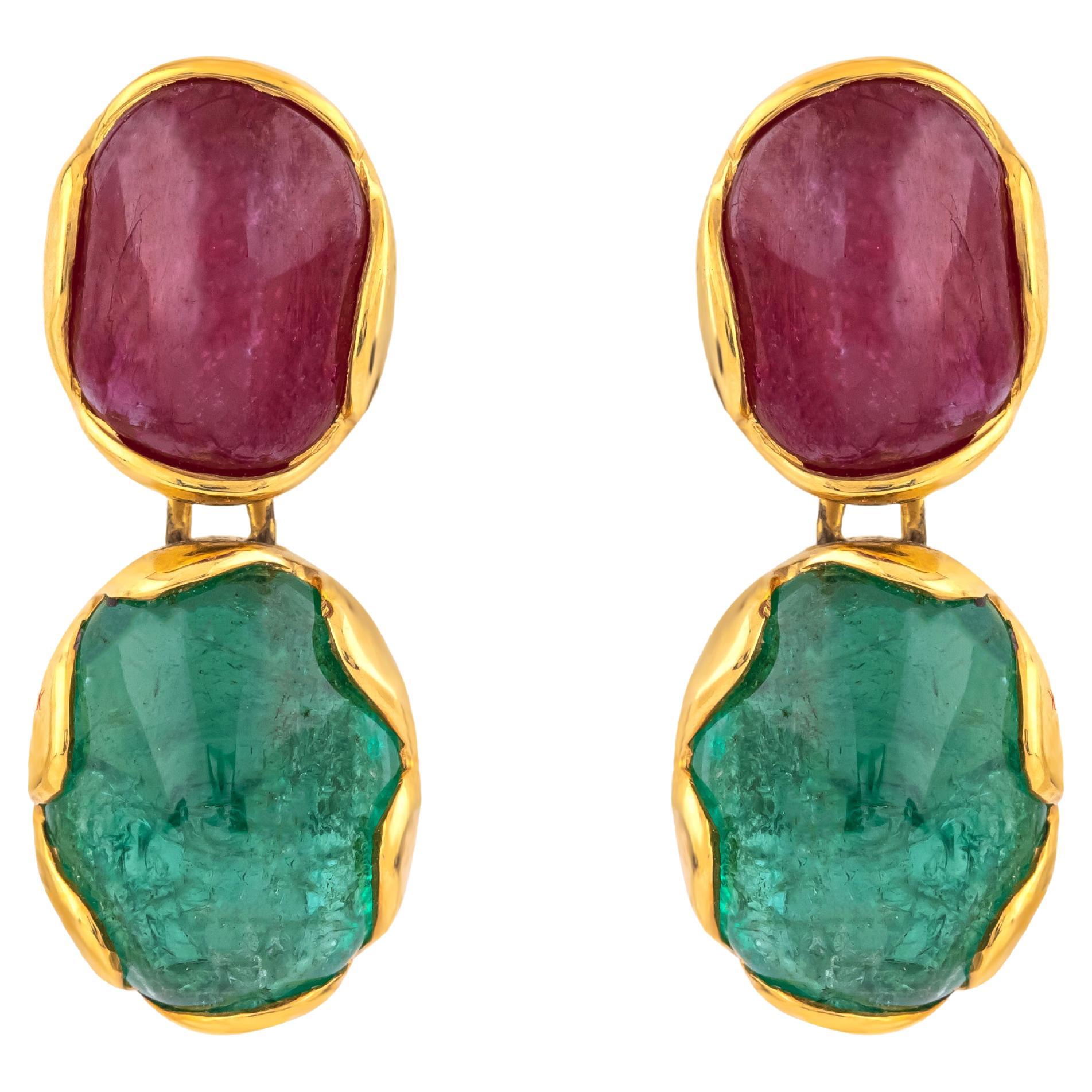 18 Karat Gold 9 Carat Ruby & Emerald Drop Earrings