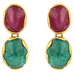 18 Karat Gold 9 Carat Ruby & Emerald Drop Earrings