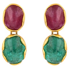 18 Karat Gold 9 Carat Ruby & Emerald Drop Earrings