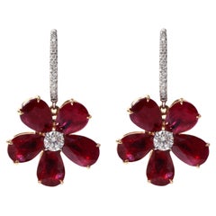 18 Karat Gold 9.15 Carats Ruby and Diamond Flower Drop Earrings