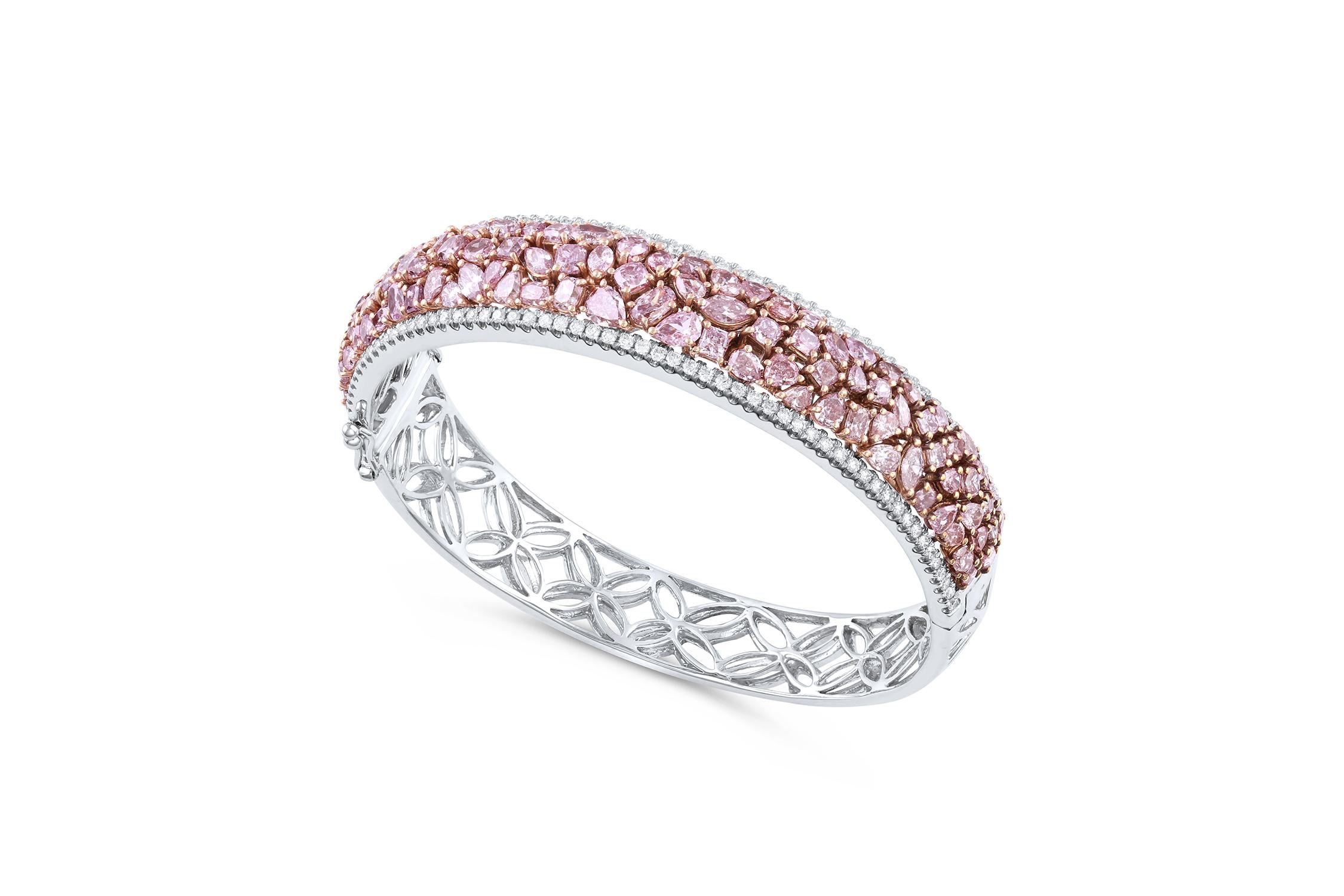 Women's 18 Karat Gold 9.47 Carat Total Weight Pink and White Diamond Bangle Bracelet For Sale