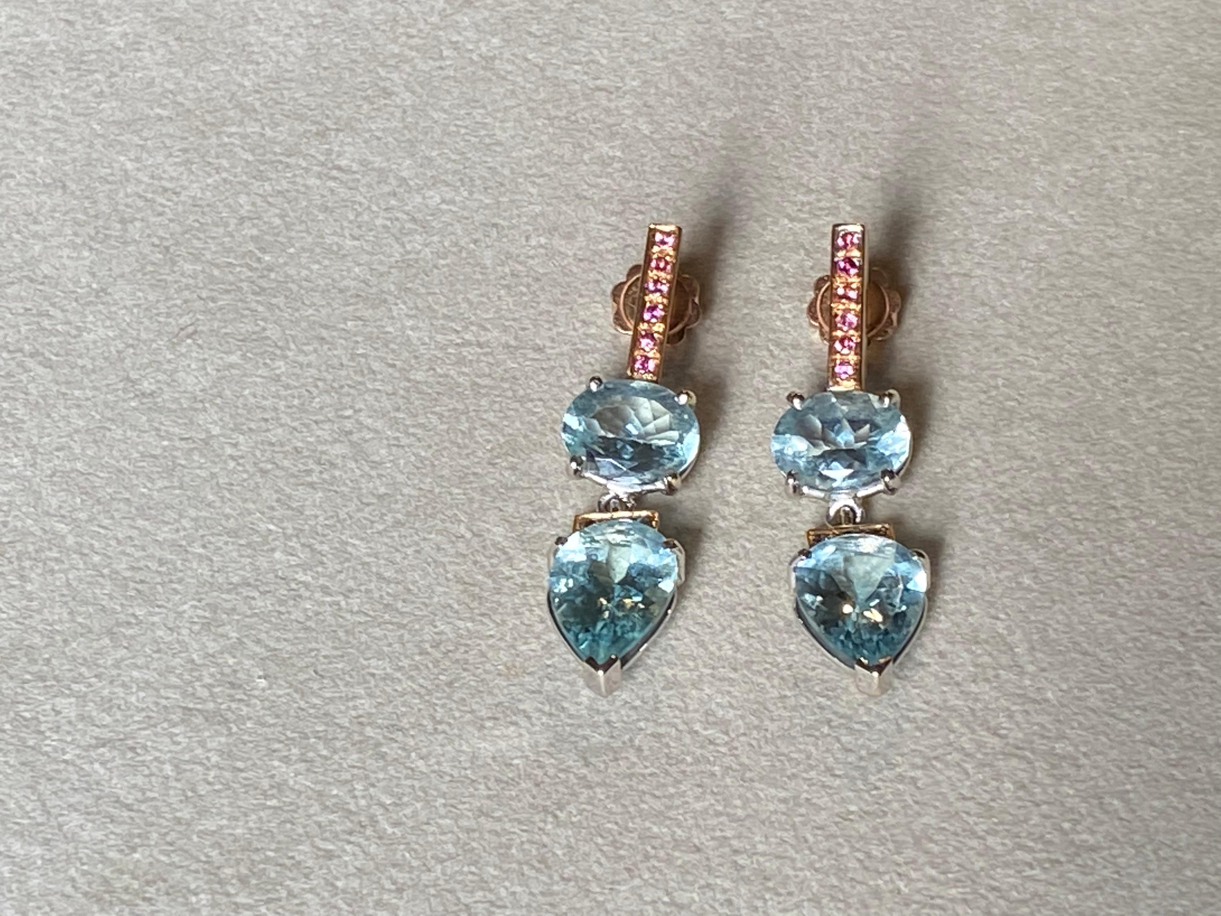 Art Deco 9.70 Karat Aquamarine 0, 06 Karat Diamond 18 Karat Gold Pink Tourmaline Earrings For Sale