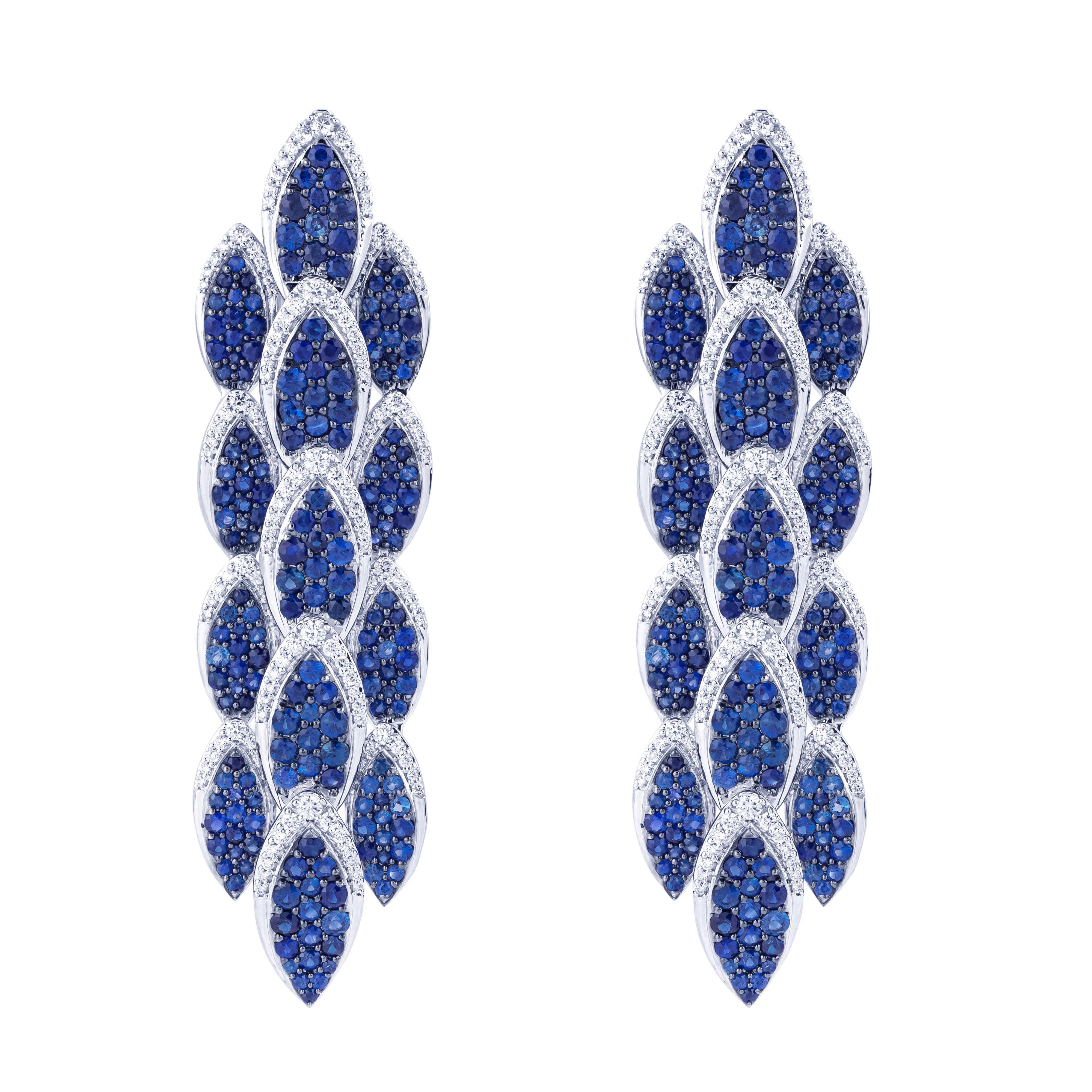 Women's 18 Karat Gold 9.9 Carat Blue Sapphire & Diamond Chandelier Earrings For Sale