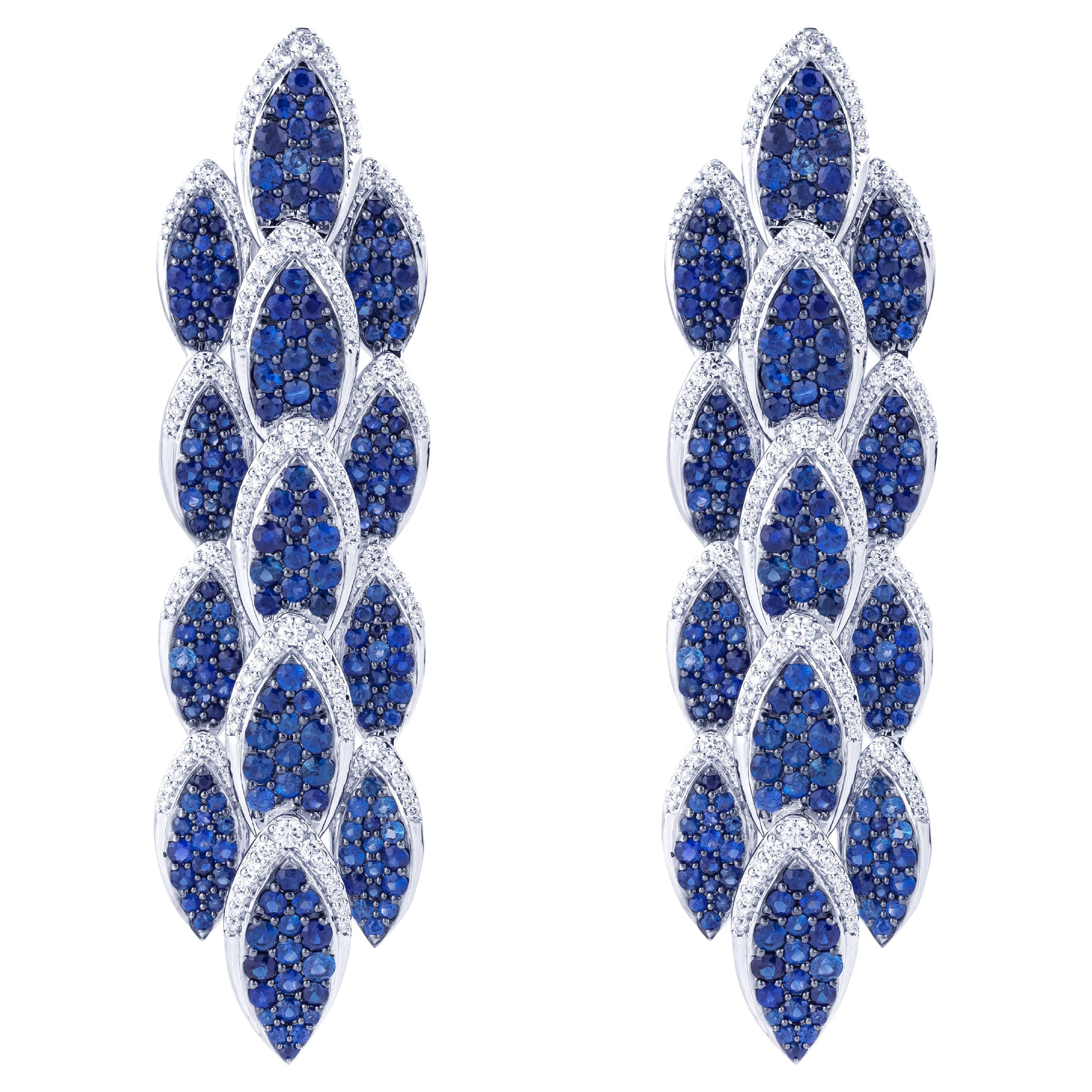 18 Karat Gold 9.9 Carat Blue Sapphire & Diamond Chandelier Earrings For Sale