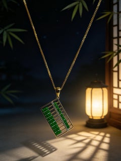 Colgante de diamantes con forma de ábaco de oro de 18 quilates y cuentas de jade natural