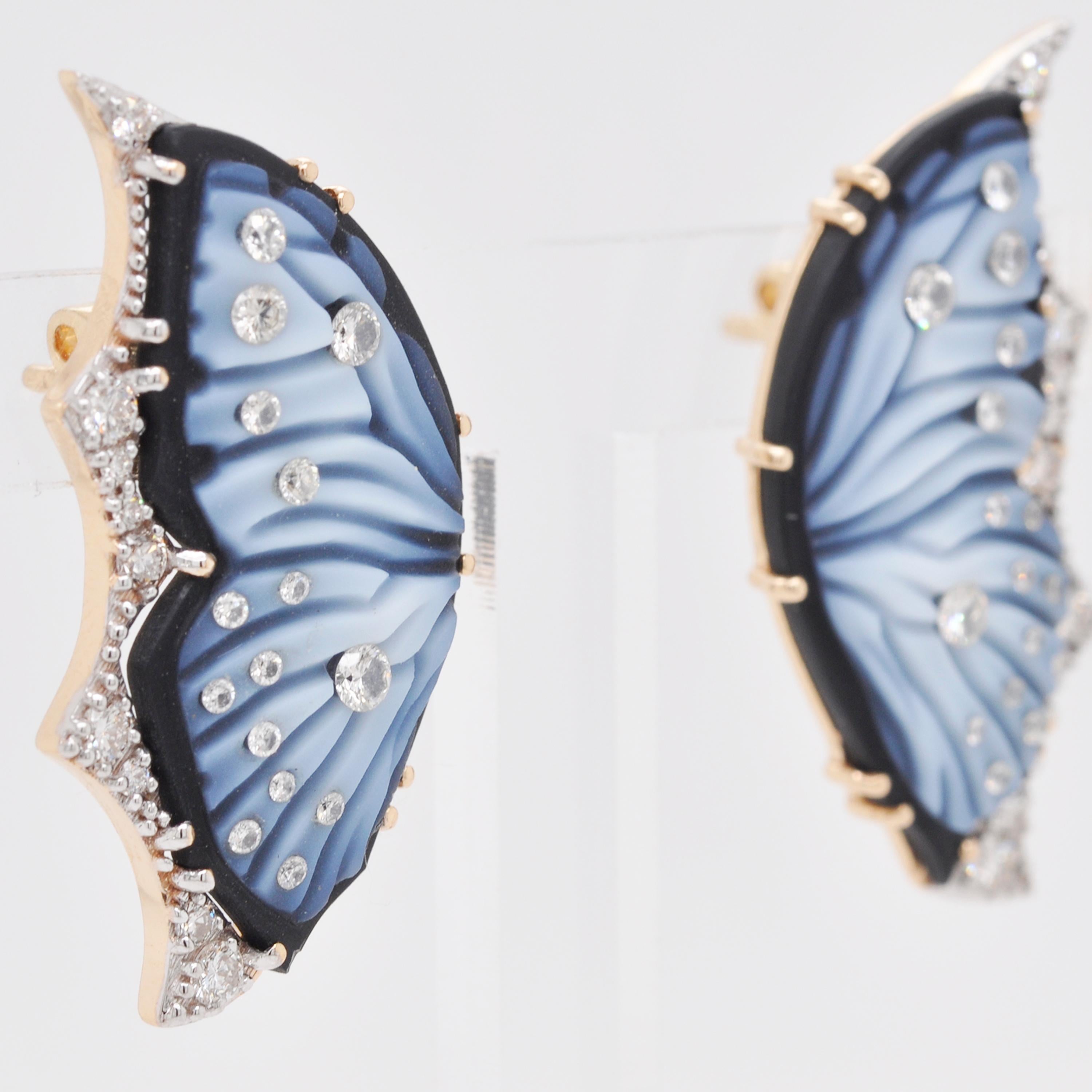 18 Karat Gold Agate Butterfly Carving Diamond Contemporary Stud Earrings For Sale 6