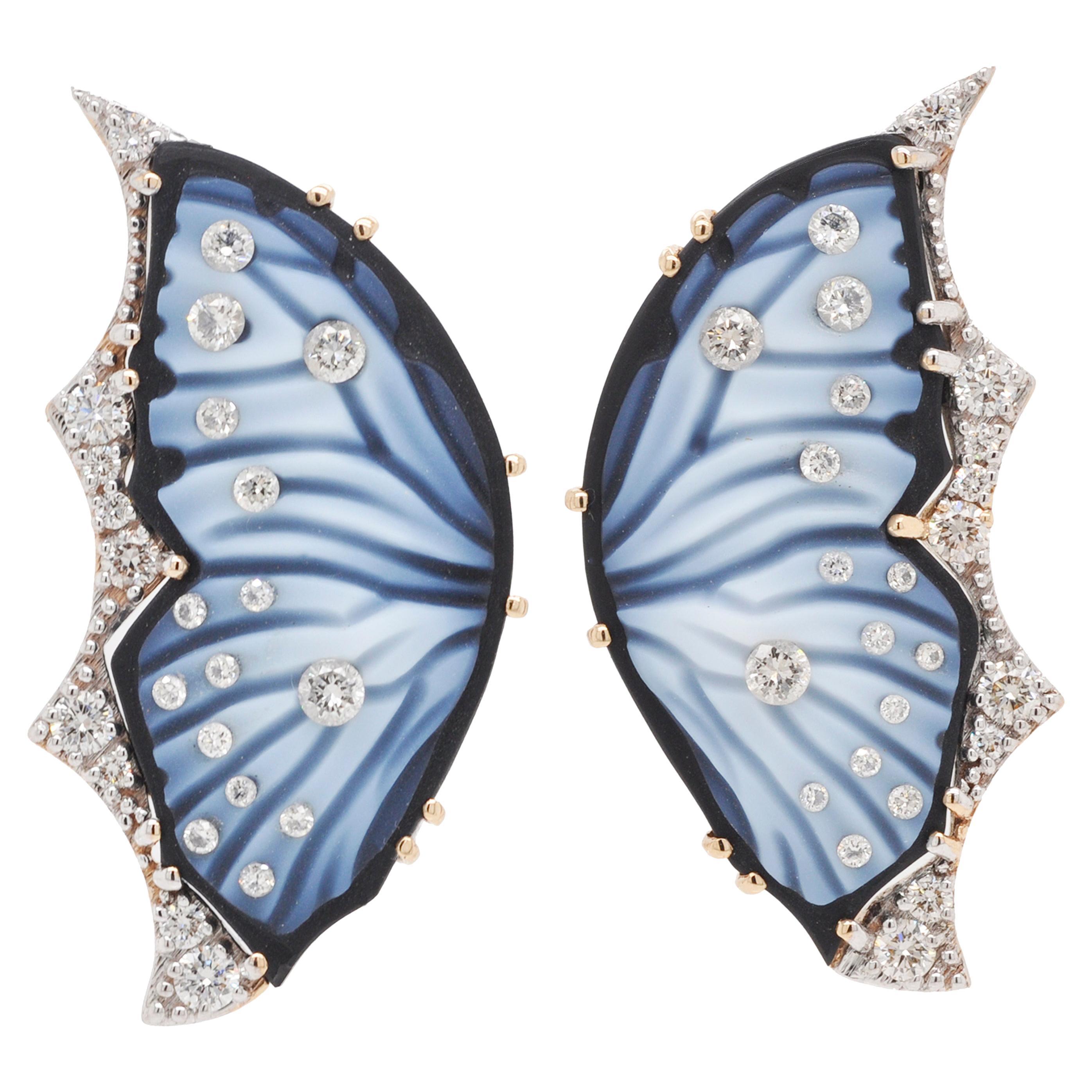 18 Karat Gold Agate Butterfly Carving Diamond Contemporary Stud Earrings For Sale