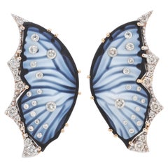 18 Karat Gold Agate Butterfly Carving Diamond Contemporary Stud Earrings