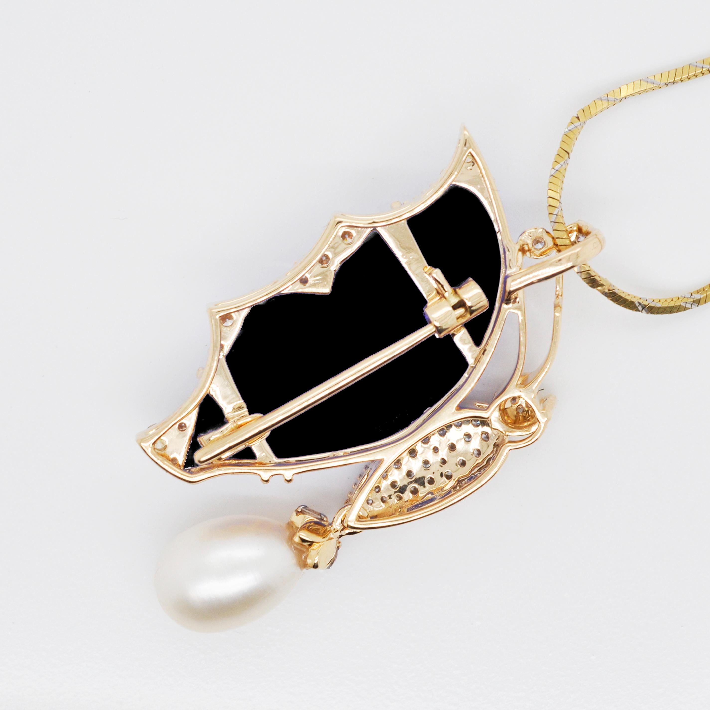 Broche pendentif contemporaine en or 18 carats, agate, papillon sculpté et perle en vente 6