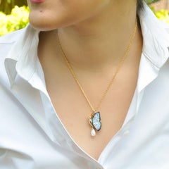 Agate Butterfly Carving Diamond Pearl Designer Gold Pendant Brooch