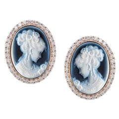 18K Gold Princess Portrait Agate Gemstone Cameo Diamond Stud Earrings