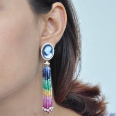 18 Karat Gold Agate Cameo Detachable Rainbow Sapphire Tassel Diamond Earrings