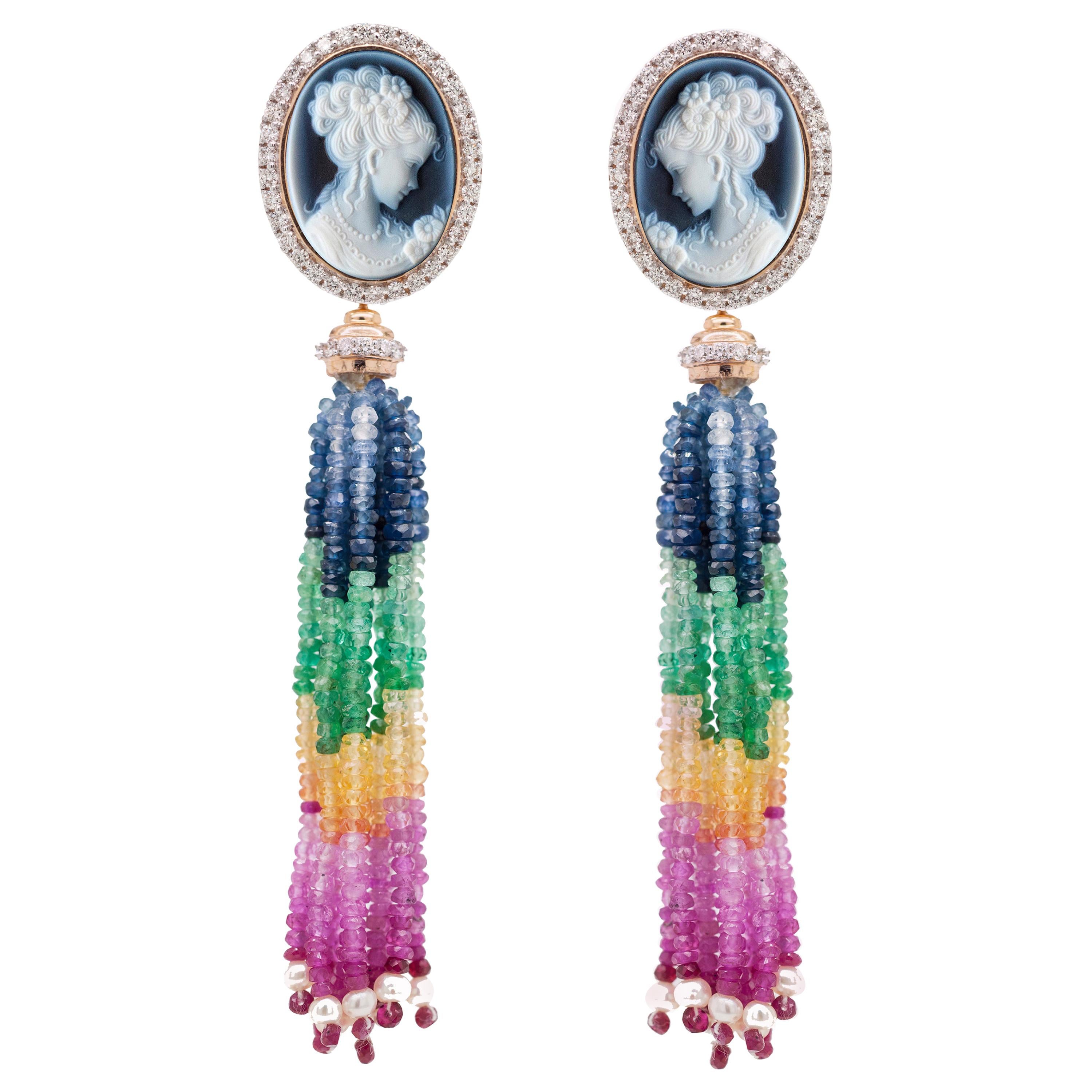 18 Karat Gold Agate Cameo Detachable Rainbow Sapphire Tassel Diamond Earrings