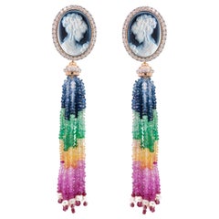 Pendientes de diamantes con borla de zafiro arco iris desmontable de ágata camafeo de oro de 18 quilates