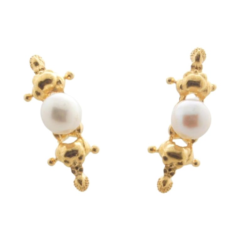 18-Karat Gold Akoya Pearl, "Touching the invisible" Double Pattern Earring For Sale