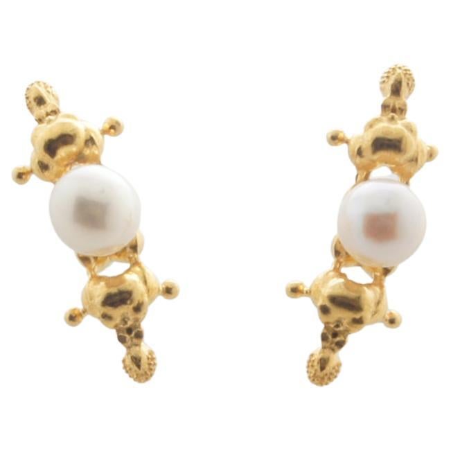 18-Karat Gold Akoya Pearl, "Touching the invisible" Double Pattern Earring For Sale