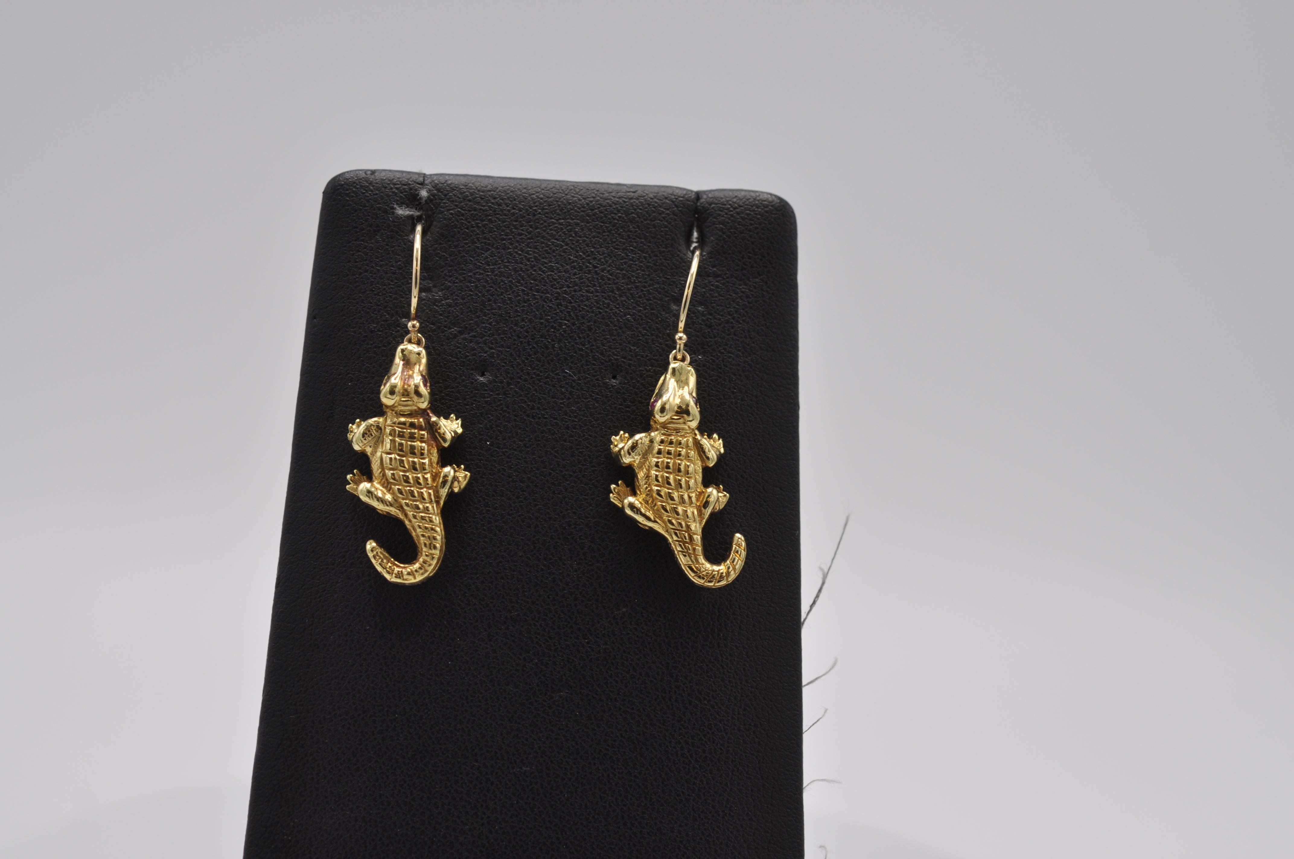 18K Yellow Gold Alligator Earrings with faceted Ruby eyes. Great dangle look.  Truly unique, attention grabbers!