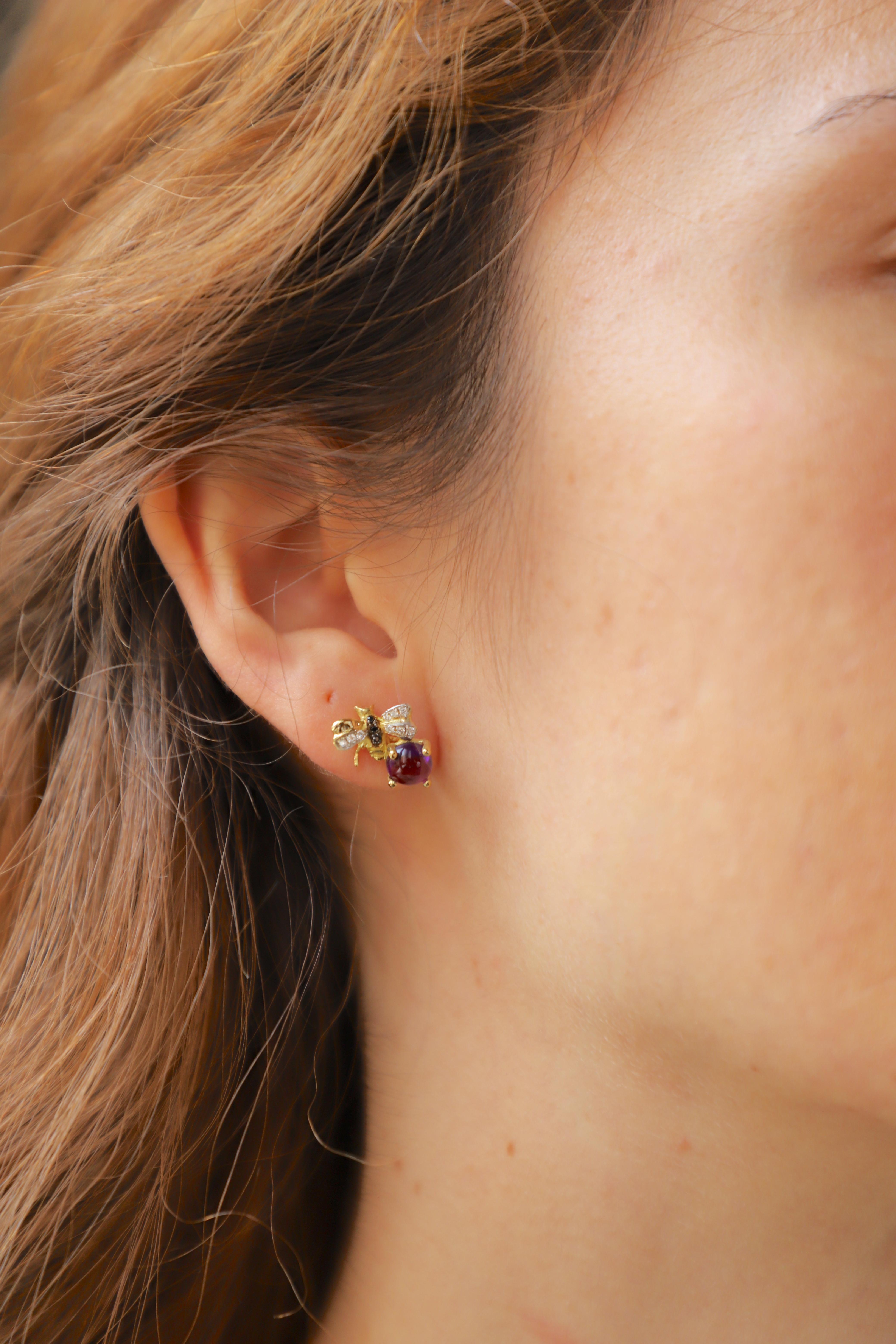 Pendientes de oro de 18 quilates con amatista y diamante blanco de 0,10 quilates y diamante negro Abejas en venta 1