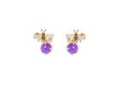 18 Karat Gold Amethyst 0.10 Karat White Diamond Black Diamond Bees Stud Earrings