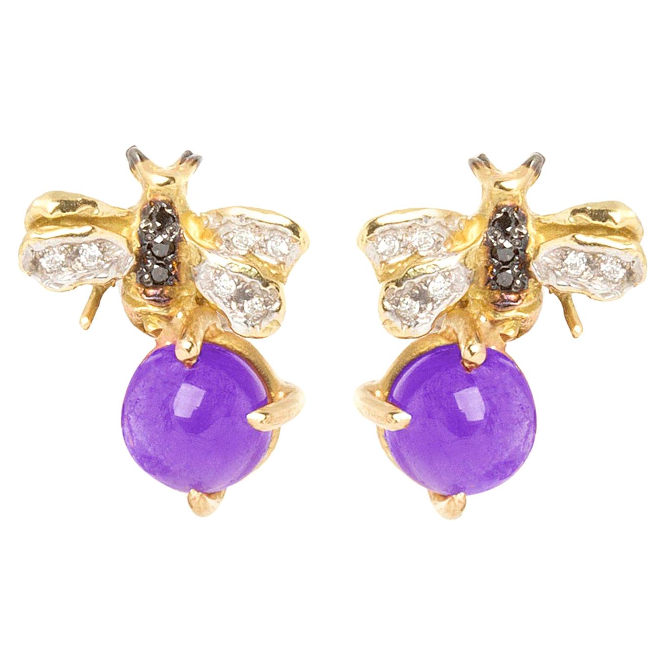 Pendientes de oro de 18 quilates con amatista y diamante blanco de 0,10 quilates y diamante negro Abejas en venta
