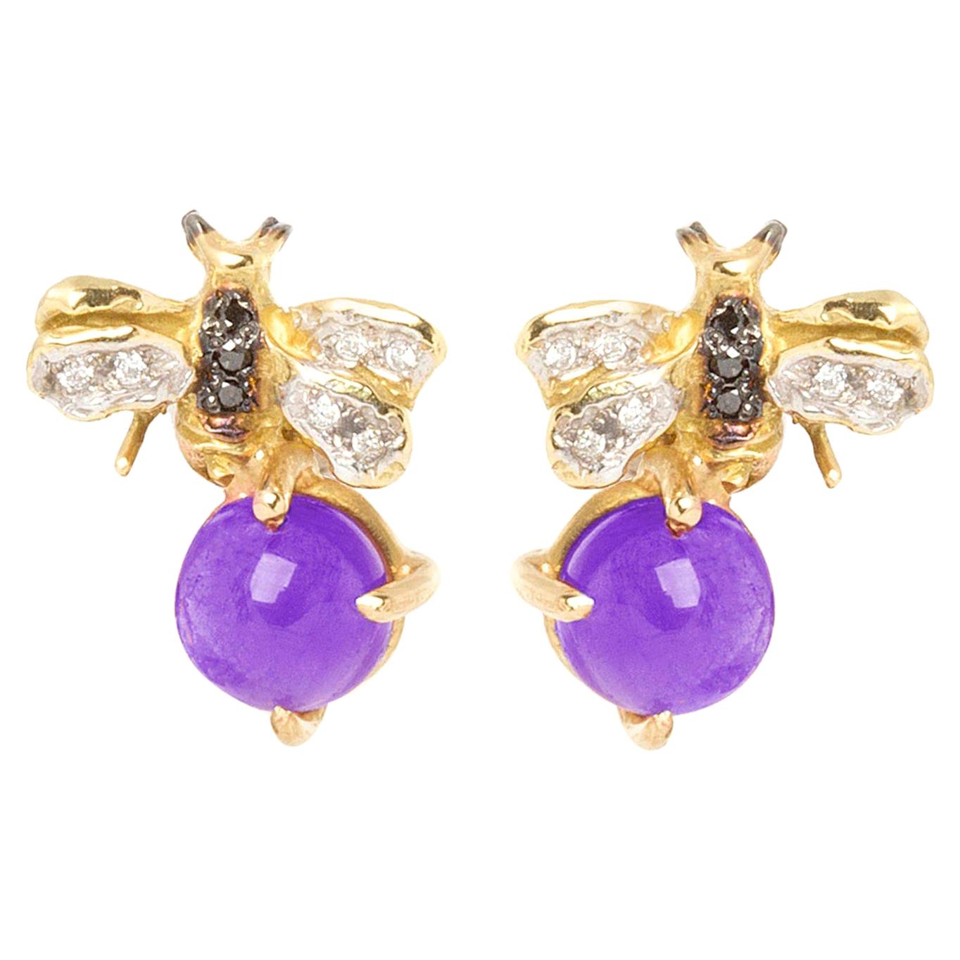 18 Karat Gold Amethyst 0.10 Carat White Diamond Black Diamond Bees Stud Earrings