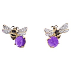 18 Karat Gold Amethyst 0,16 Karat Weiß & 0,18 Schwarz Diamant Bienen Ohrstecker